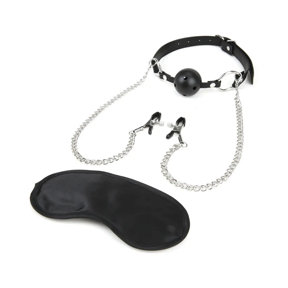 Lux Fetish Breathable Ball Gag with Adjustable Pressure Nipple Clamps