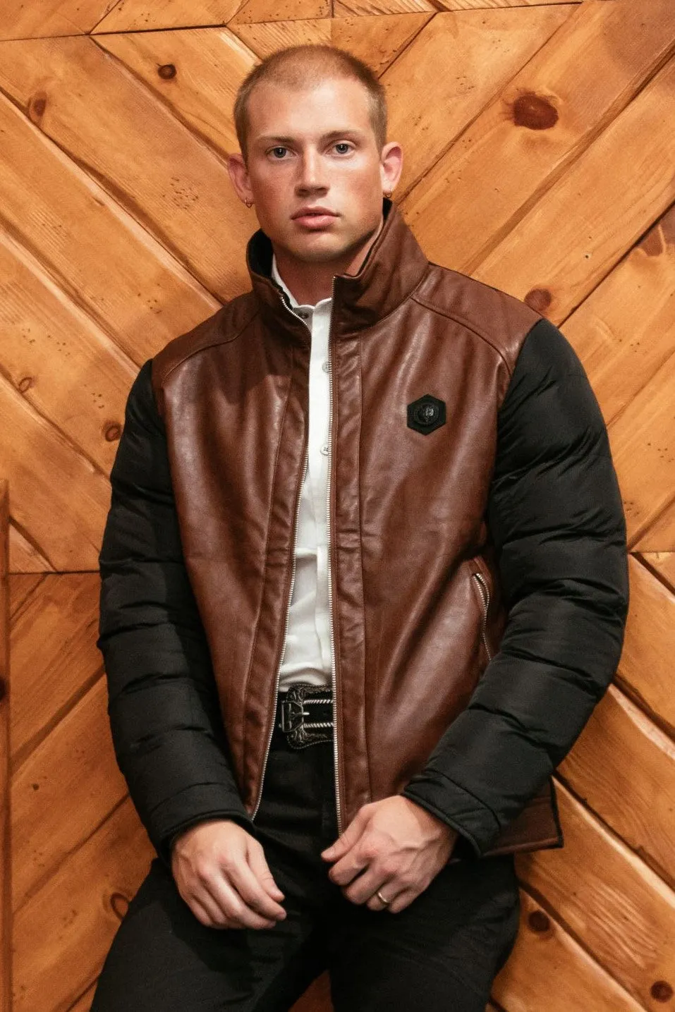 Mens Faux Leather Coat - Cognac/Black