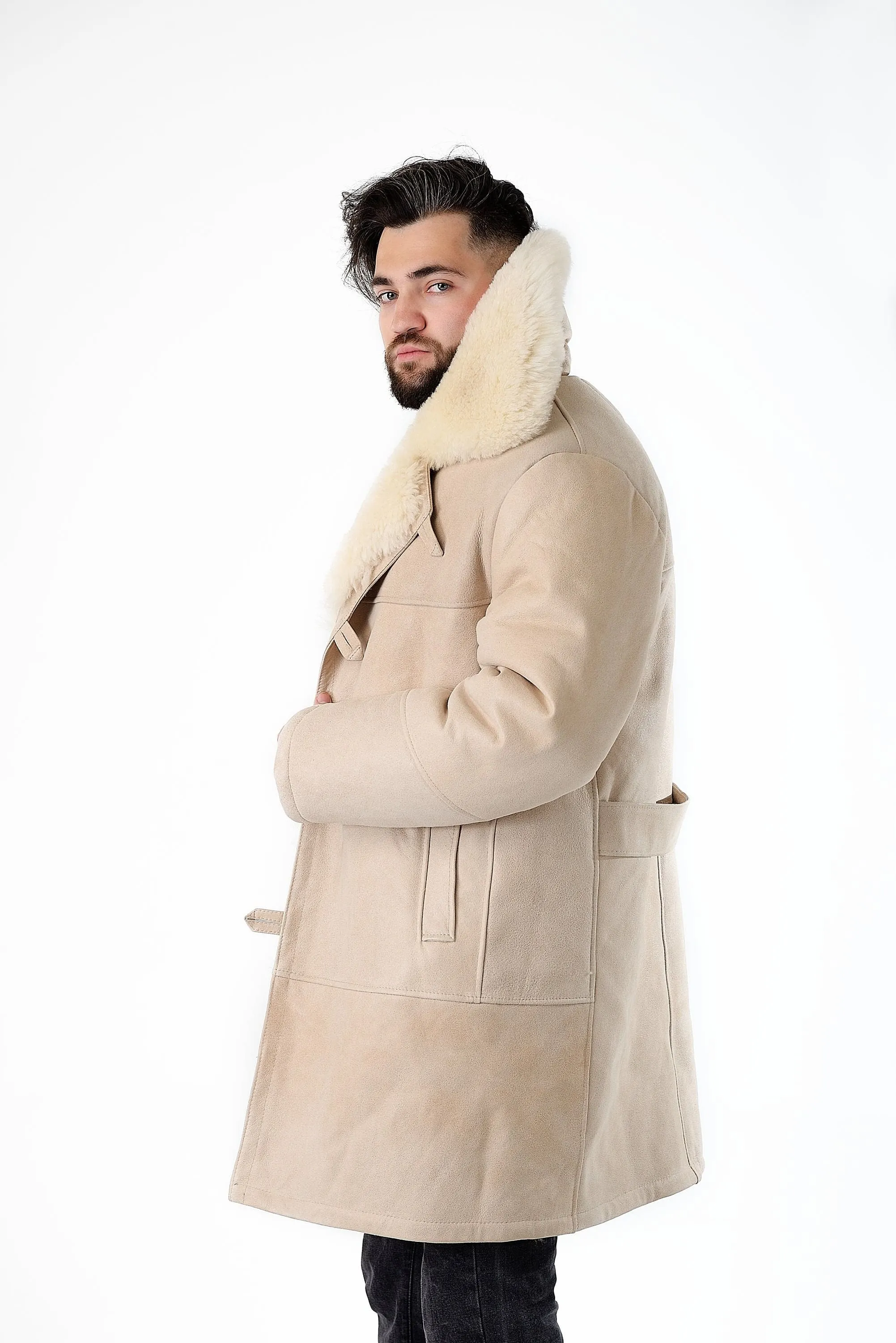 Mens Long Traditional Sheepskin Trench Coat in White Color with Wide Fur Collar