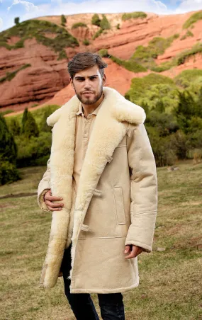 Mens Long Traditional Sheepskin Trench Coat in White Color with Wide Fur Collar