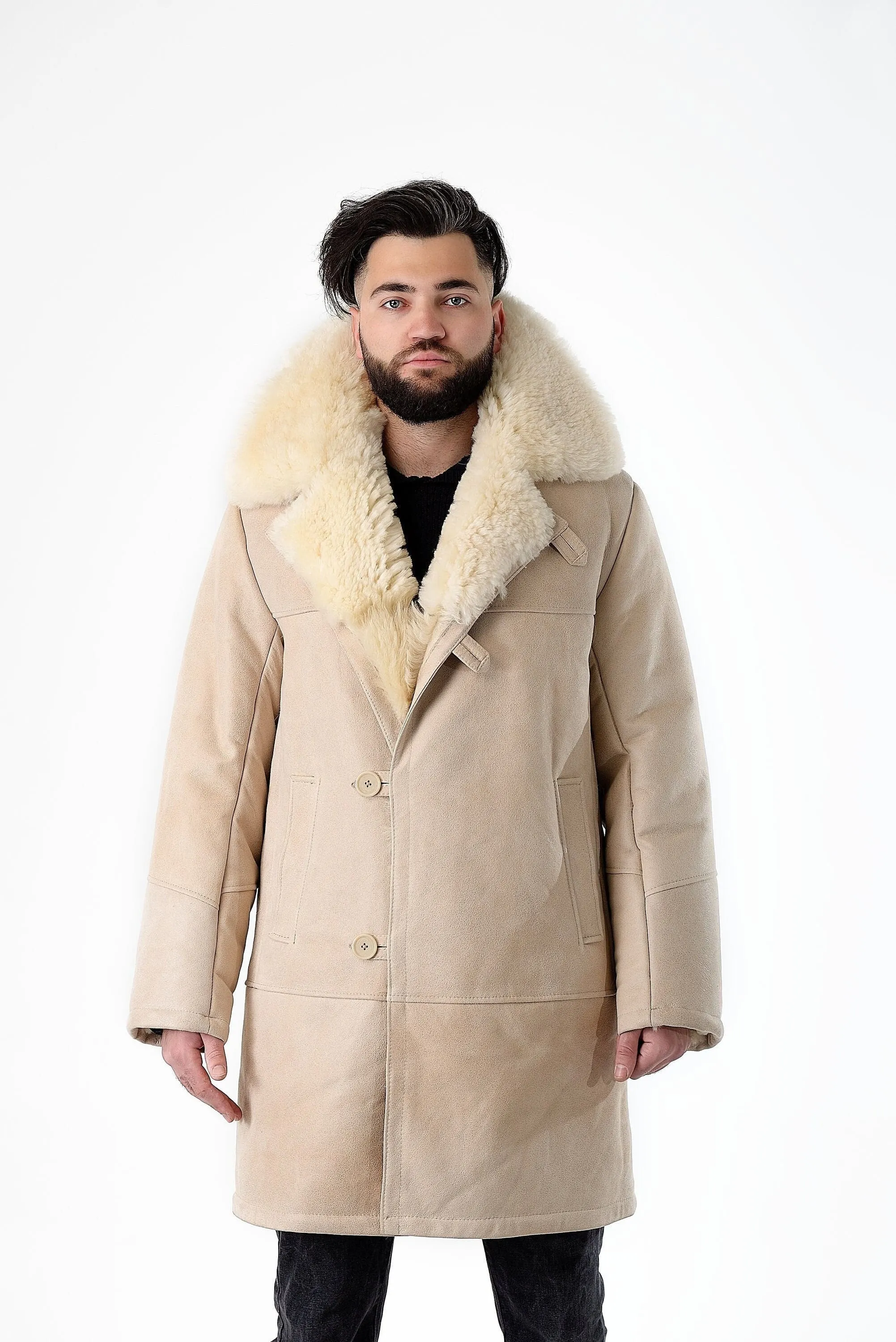 Mens Long Traditional Sheepskin Trench Coat in White Color with Wide Fur Collar