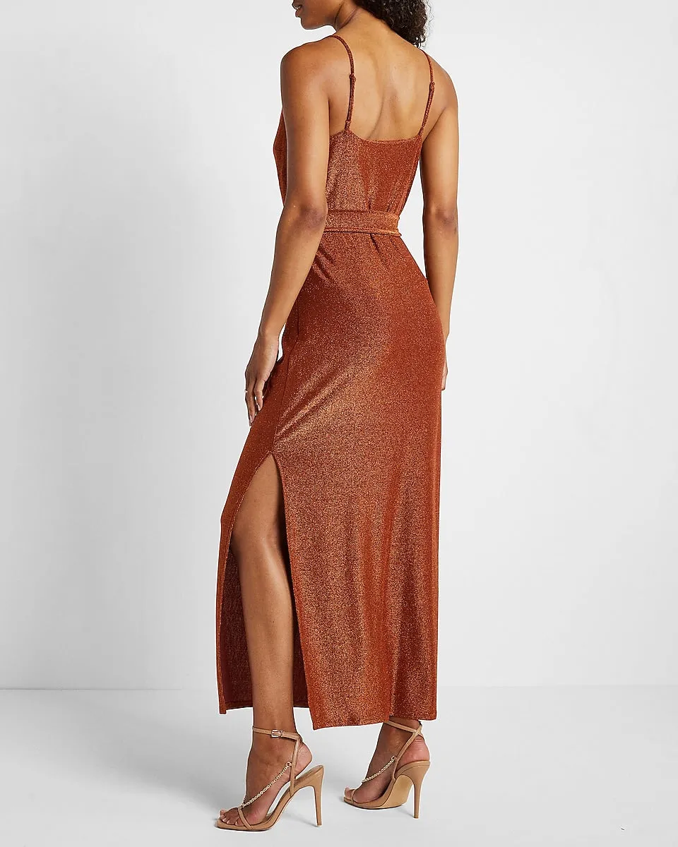 Metallic Cowl Neck Tie Waist Midi Dress in Copper