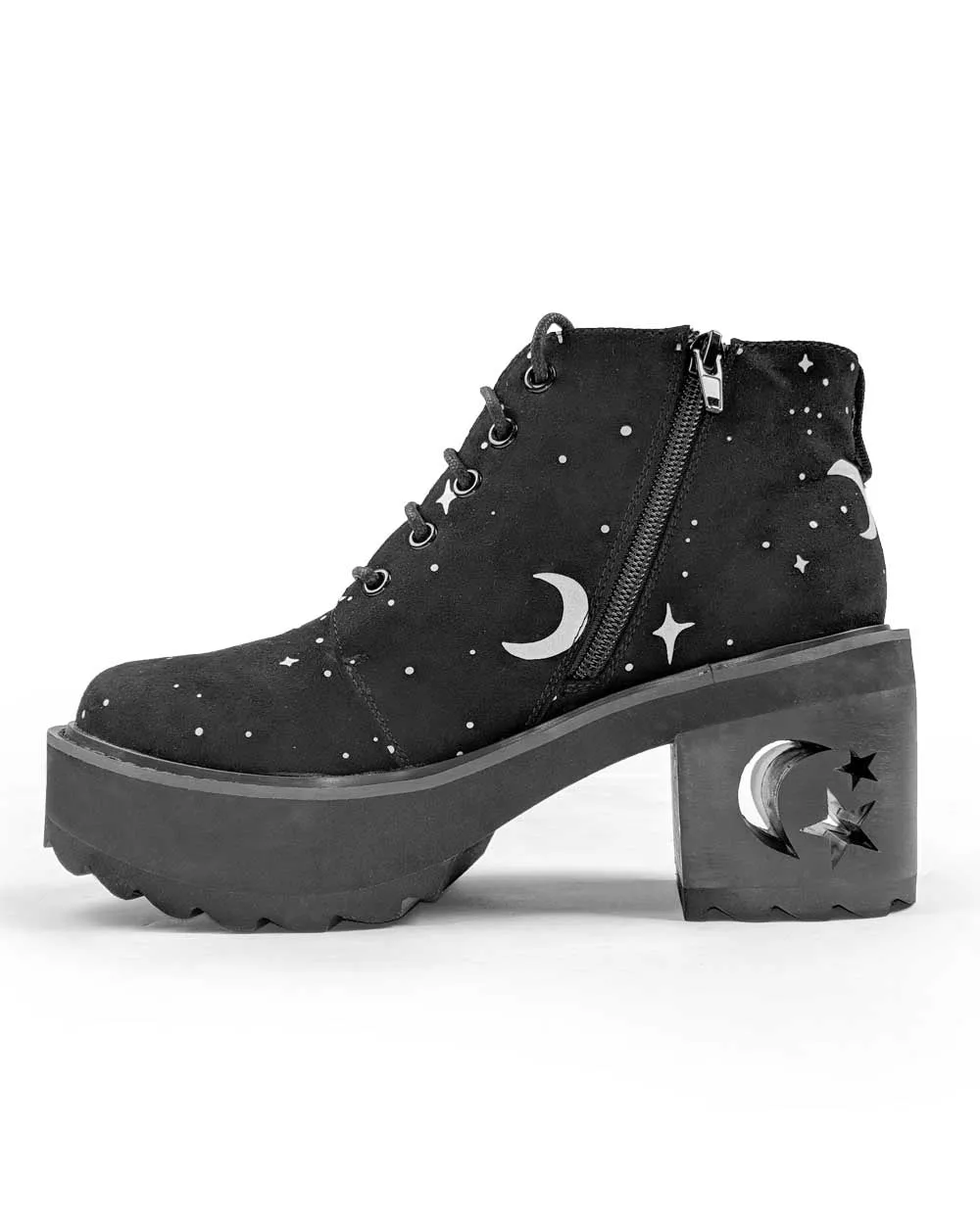 MoonDust Platform Heel Boots - Luxurious Quality Vegan Suede Goth Shoes with Moons & Stars, Witchy Alt Style, Occult Grunge Aesthetic, Soft Memory foam inner panels