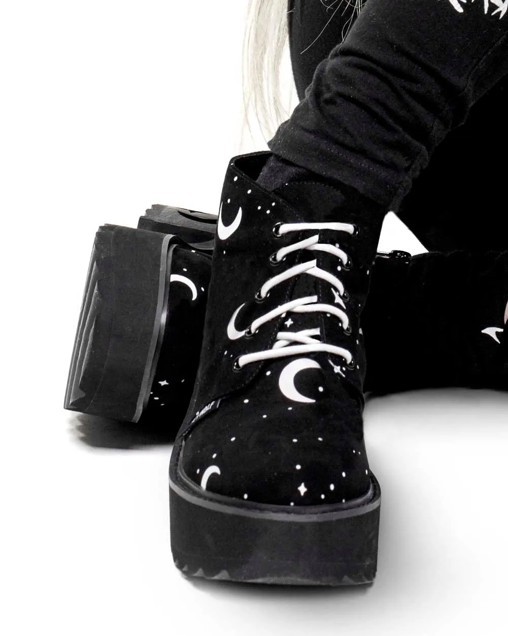 MoonDust Platform Heel Boots - Luxurious Quality Vegan Suede Goth Shoes with Moons & Stars, Witchy Alt Style, Occult Grunge Aesthetic, Soft Memory foam inner panels