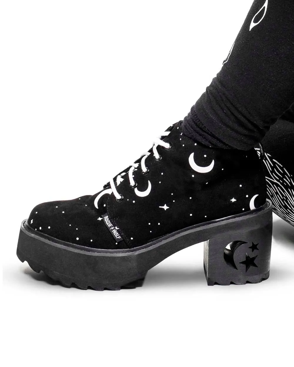 MoonDust Platform Heel Boots - Luxurious Quality Vegan Suede Goth Shoes with Moons & Stars, Witchy Alt Style, Occult Grunge Aesthetic, Soft Memory foam inner panels