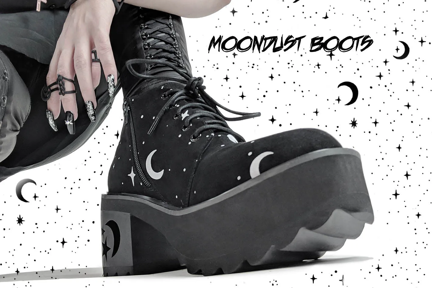 MoonDust Platform Heel Boots - Luxurious Quality Vegan Suede Goth Shoes with Moons & Stars, Witchy Alt Style, Occult Grunge Aesthetic, Soft Memory foam inner panels