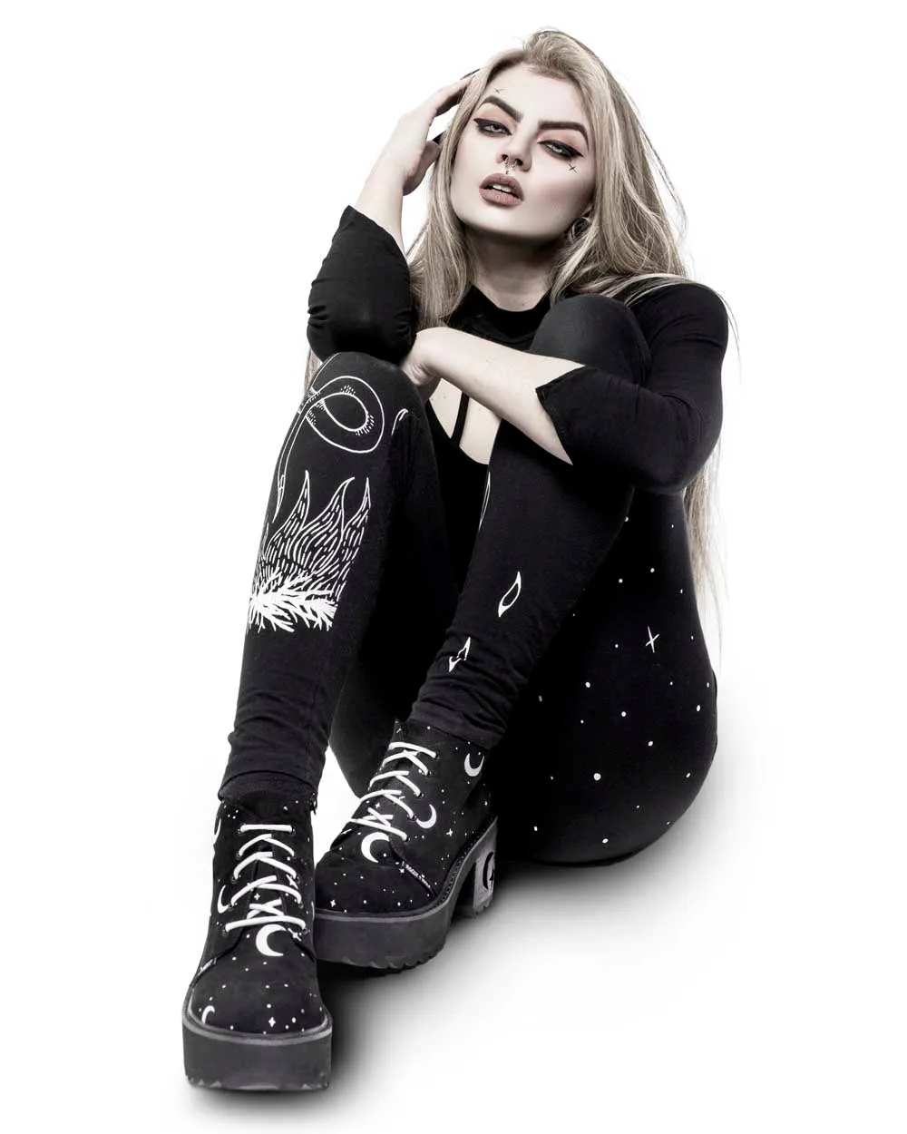 MoonDust Platform Heel Boots - Luxurious Quality Vegan Suede Goth Shoes with Moons & Stars, Witchy Alt Style, Occult Grunge Aesthetic, Soft Memory foam inner panels