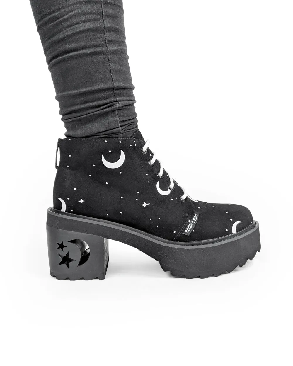 MoonDust Platform Heel Boots - Luxurious Quality Vegan Suede Goth Shoes with Moons & Stars, Witchy Alt Style, Occult Grunge Aesthetic, Soft Memory foam inner panels