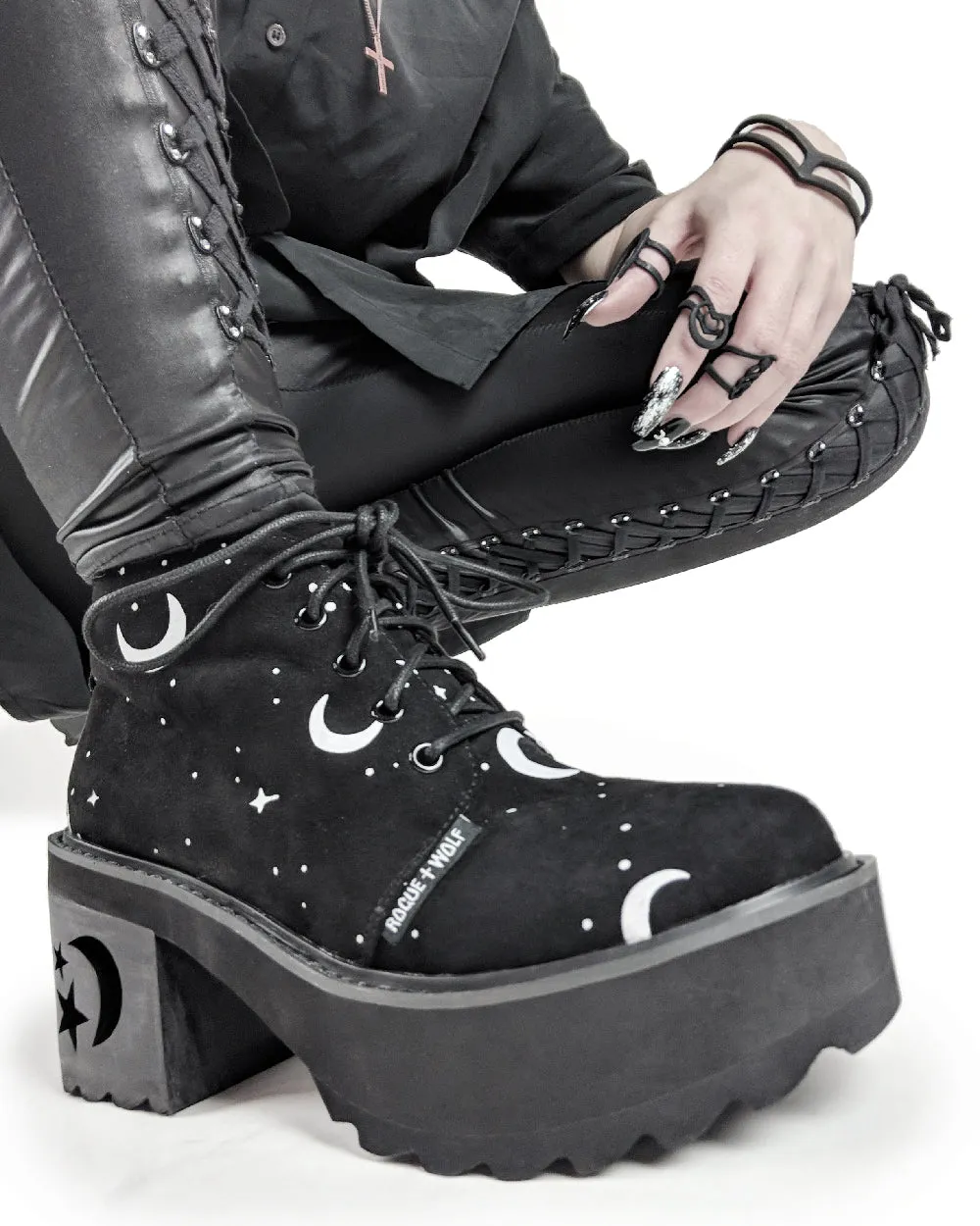 MoonDust Platform Heel Boots - Luxurious Quality Vegan Suede Goth Shoes with Moons & Stars, Witchy Alt Style, Occult Grunge Aesthetic, Soft Memory foam inner panels