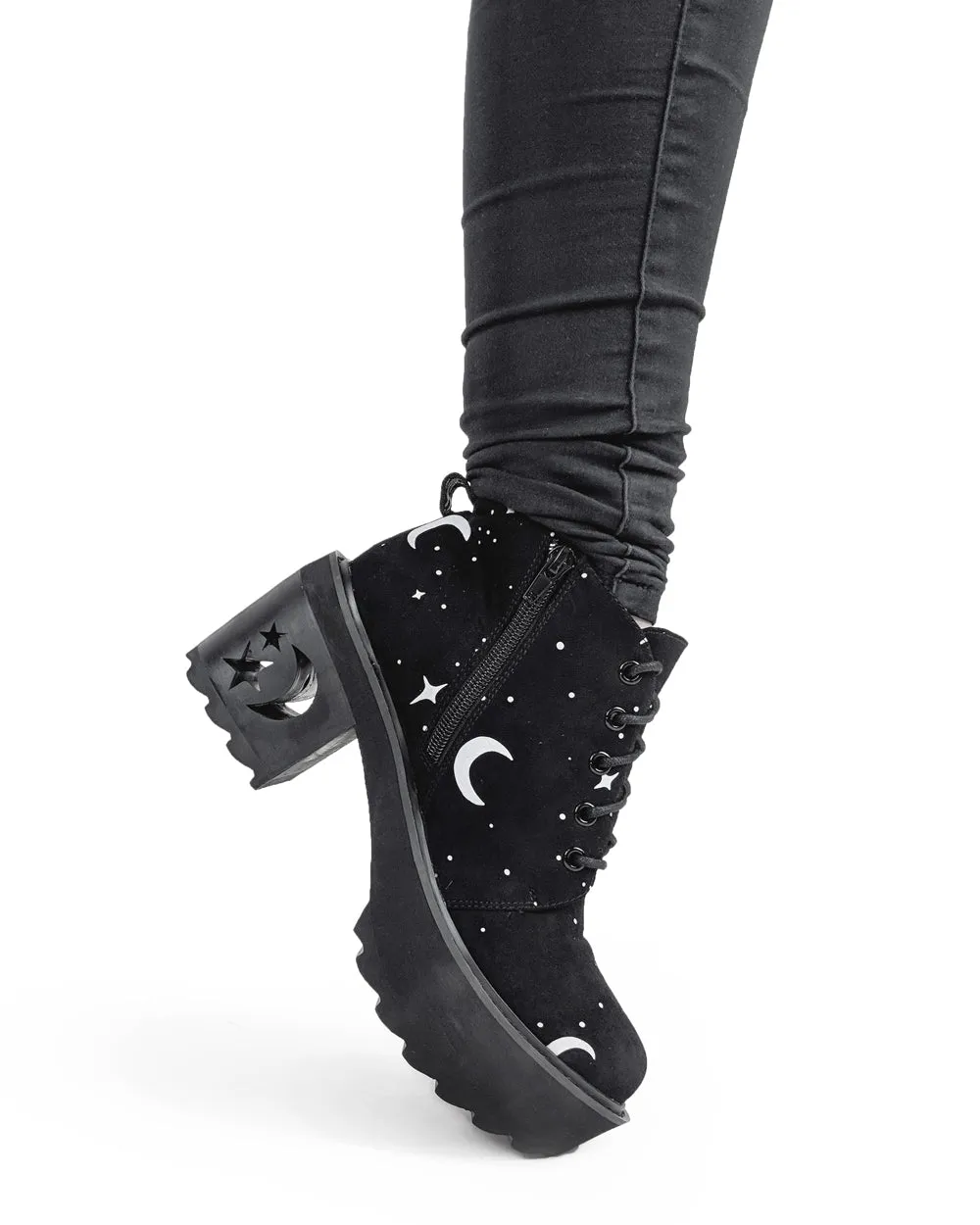 MoonDust Platform Heel Boots - Luxurious Quality Vegan Suede Goth Shoes with Moons & Stars, Witchy Alt Style, Occult Grunge Aesthetic, Soft Memory foam inner panels