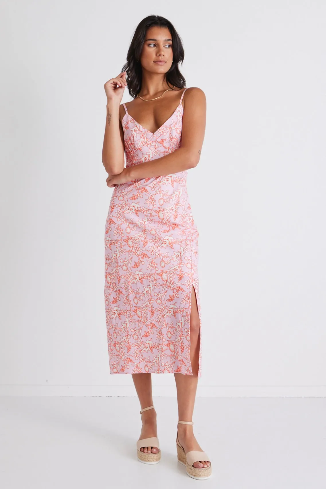 Otherworldly Pink Silhouette Bias Slip Midi Dress