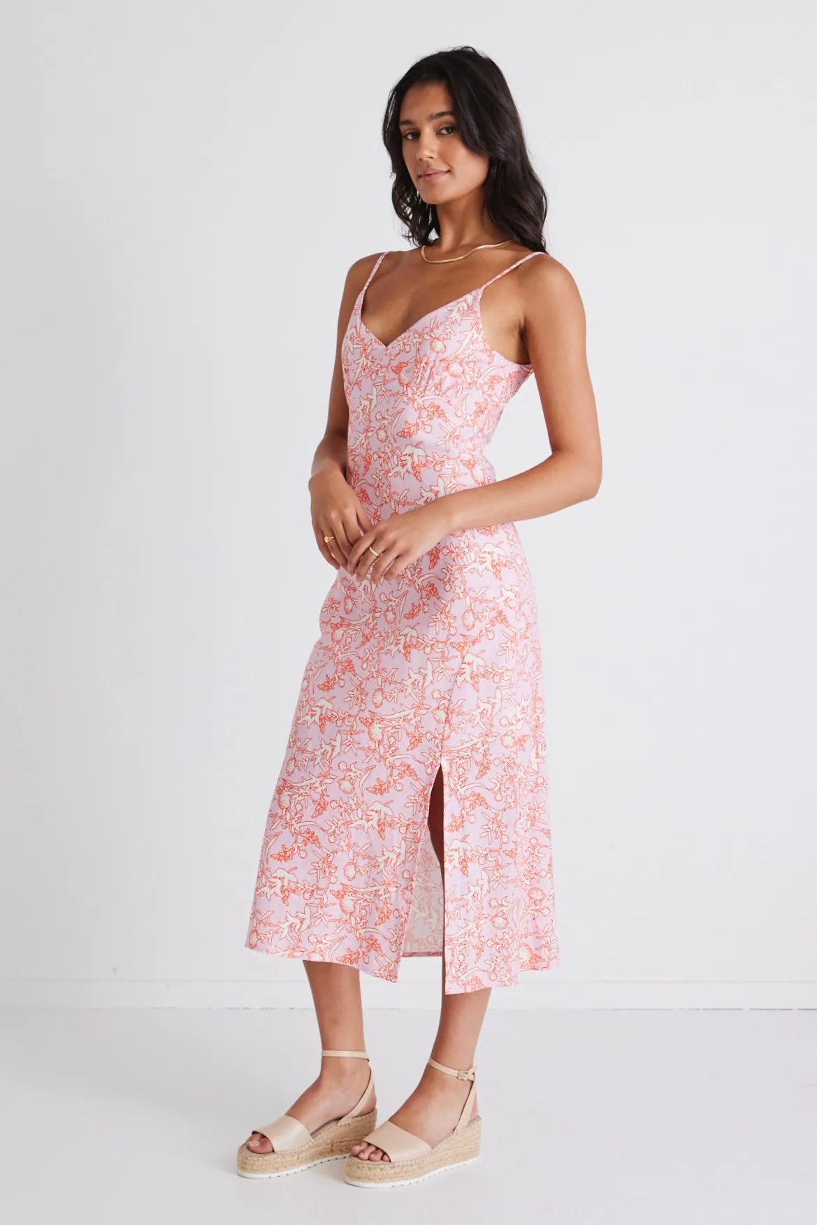 Otherworldly Pink Silhouette Bias Slip Midi Dress