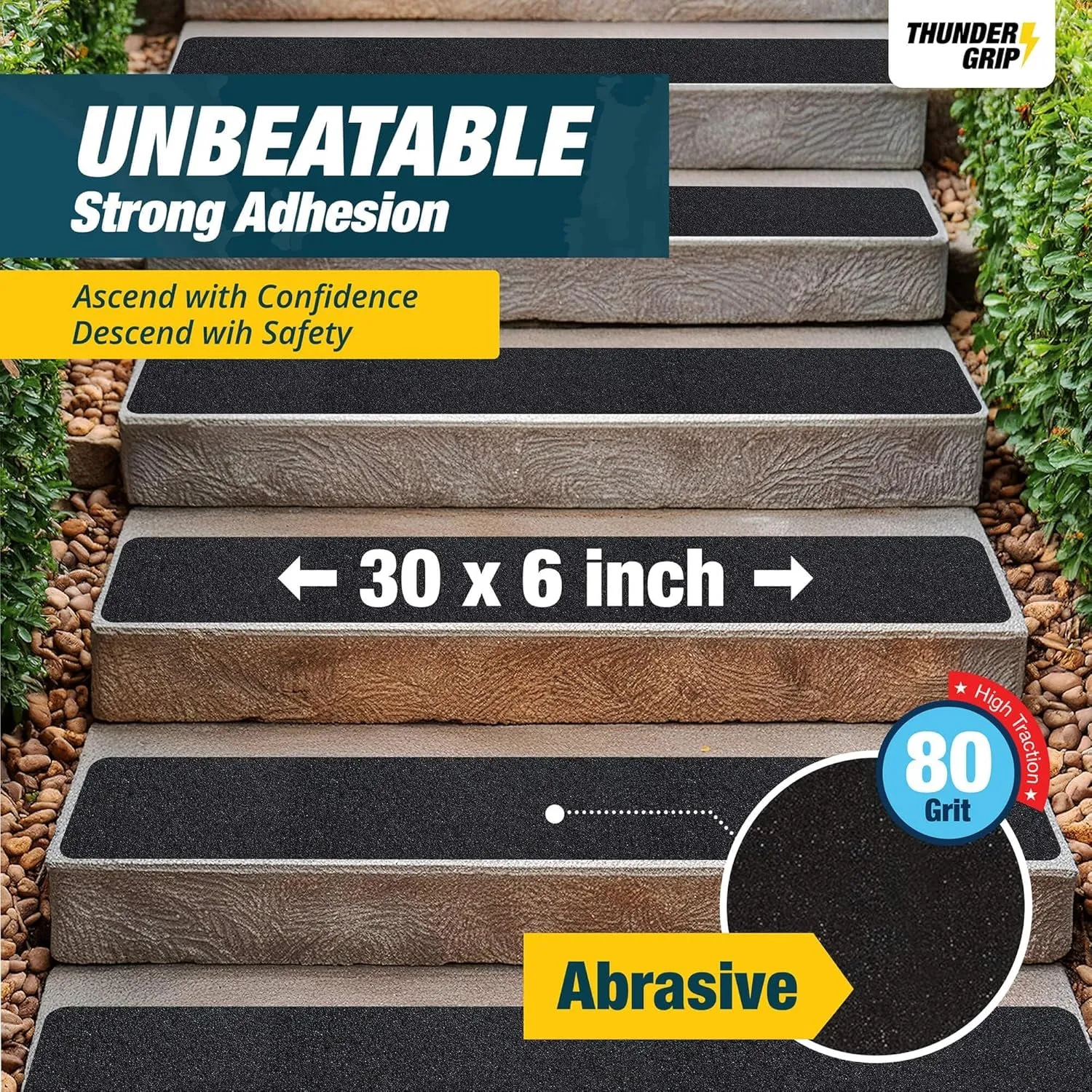 Outdoor Stair Treads Non Slip 30" X 6" - 12-Pack Weather Resistant Exterior Grip Tape for Wooden Steps - Non Slip Stair Treads - anti Skid Strips - Waterproof 80-Grit Adhesive Treads