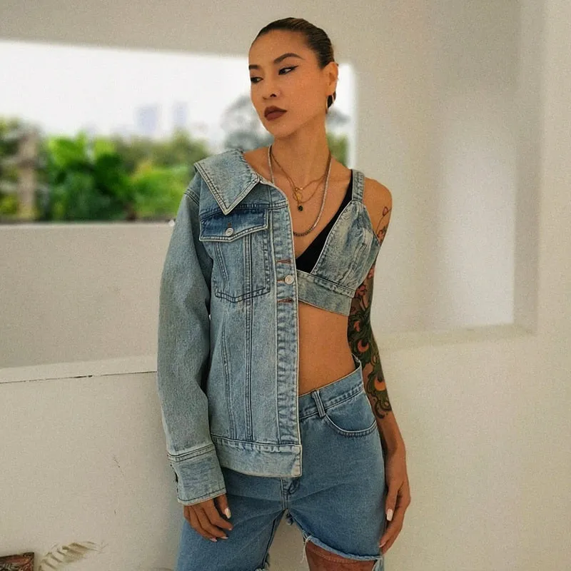 Patchwork Asymmetrical Denim Coat Women Long Sleeve Off Shoulder V Neck Sexy Denim Tops Female Fashion Autumn