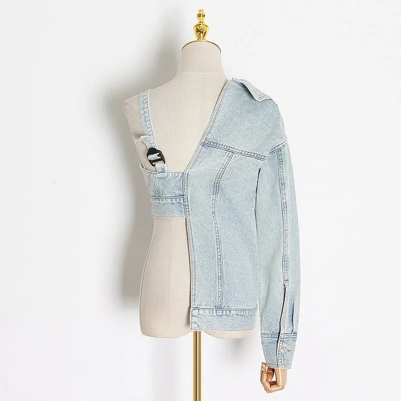 Patchwork Asymmetrical Denim Coat Women Long Sleeve Off Shoulder V Neck Sexy Denim Tops Female Fashion Autumn