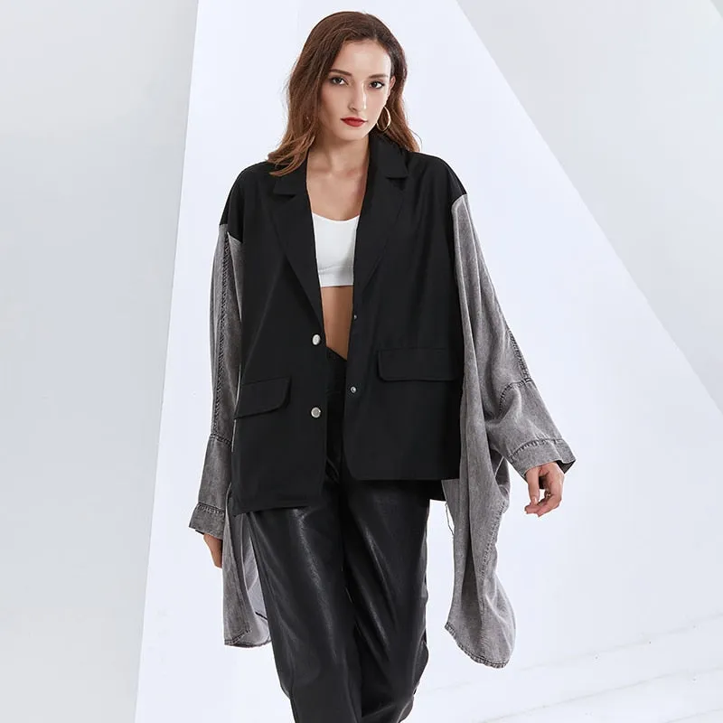 Patchwork Bat Sleeve For Female Coat Lapel Collar Long Sleeve Loose Women's Casual Coat Fashion Streetwear