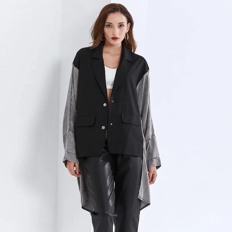 Patchwork Bat Sleeve For Female Coat Lapel Collar Long Sleeve Loose Women's Casual Coat Fashion Streetwear