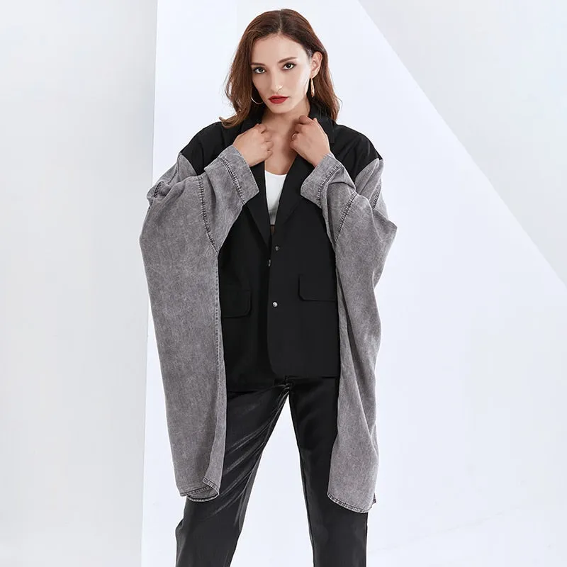 Patchwork Bat Sleeve For Female Coat Lapel Collar Long Sleeve Loose Women's Casual Coat Fashion Streetwear