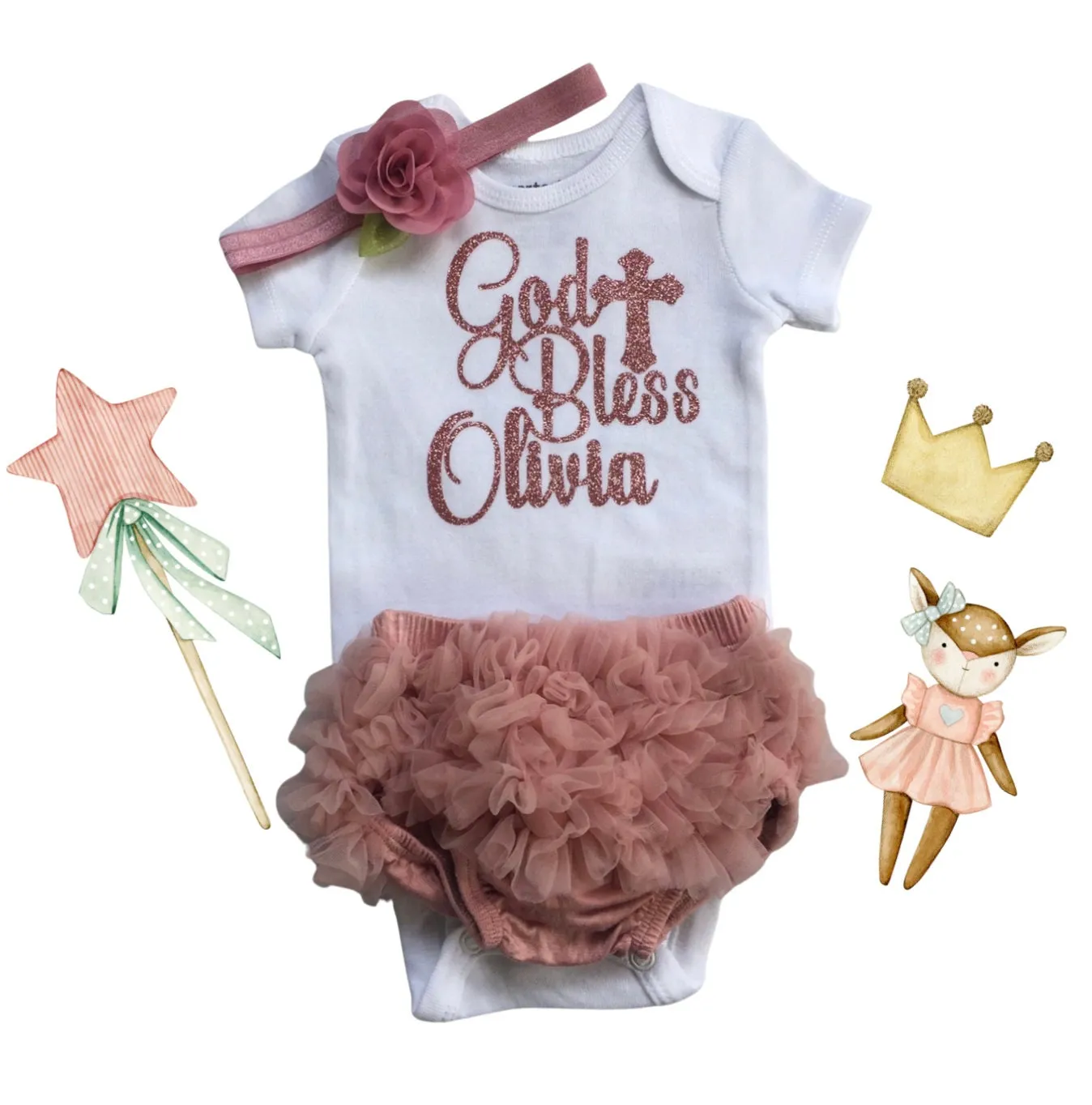 Personalized Mauve Baptism after party baby girls outfit, God bless personalized glitter bodysuit outfit baby girl baptism gift