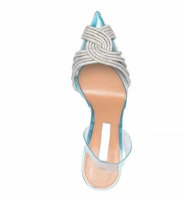 Pointed Toe Crystal Embellished PVC Slingback Heel