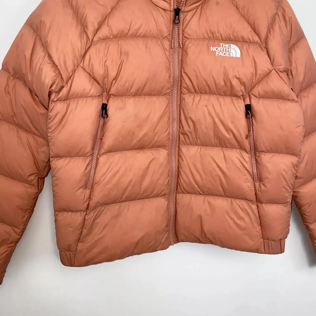 Preowned The North Face Womens 550 Down Nuptse Puffer Jacket Size M Pink Salmon TNF Midweight.