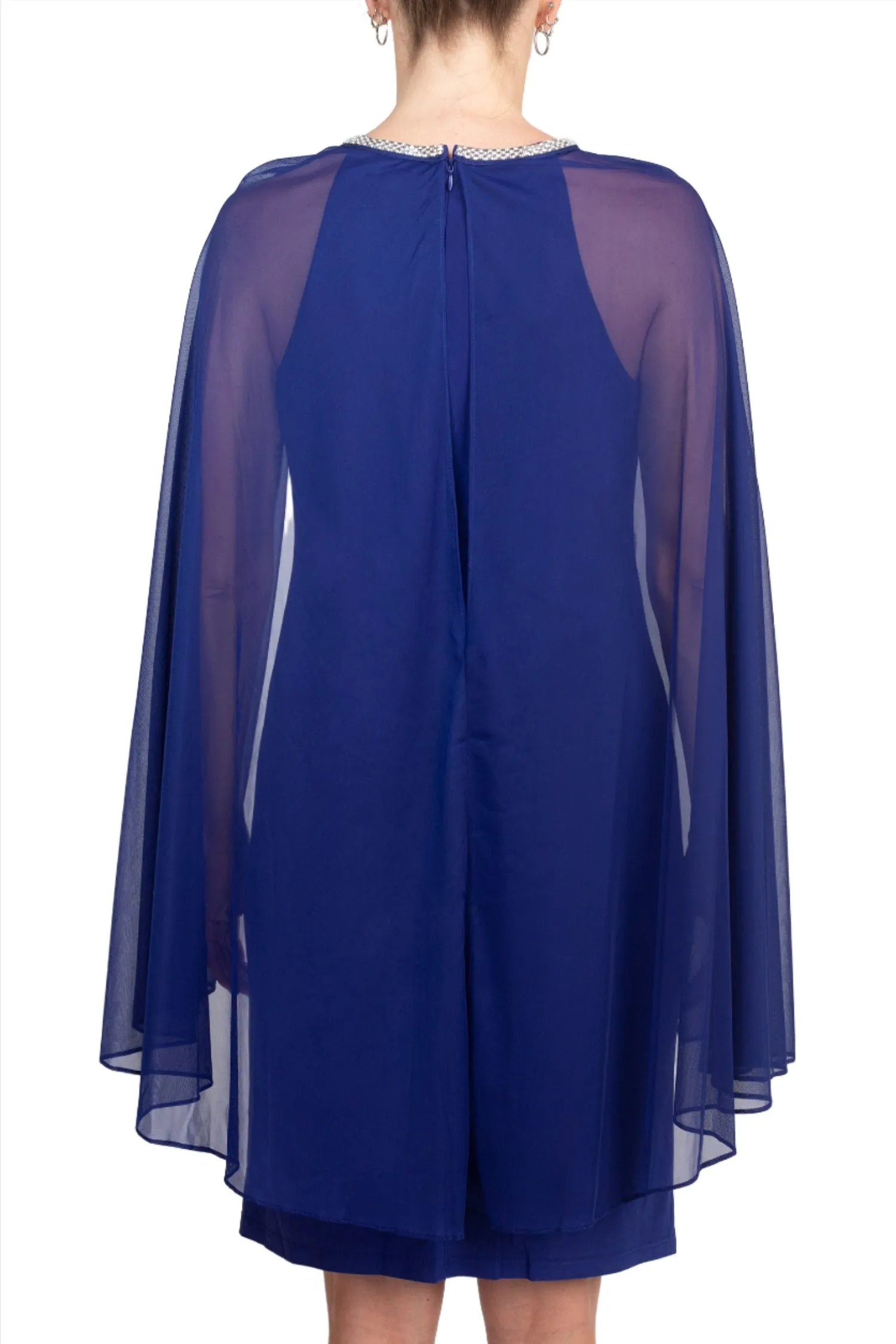 R&M Richards Embellished Crew Neck Cape Sleeve Zipper Back Solid Chiffon Dress