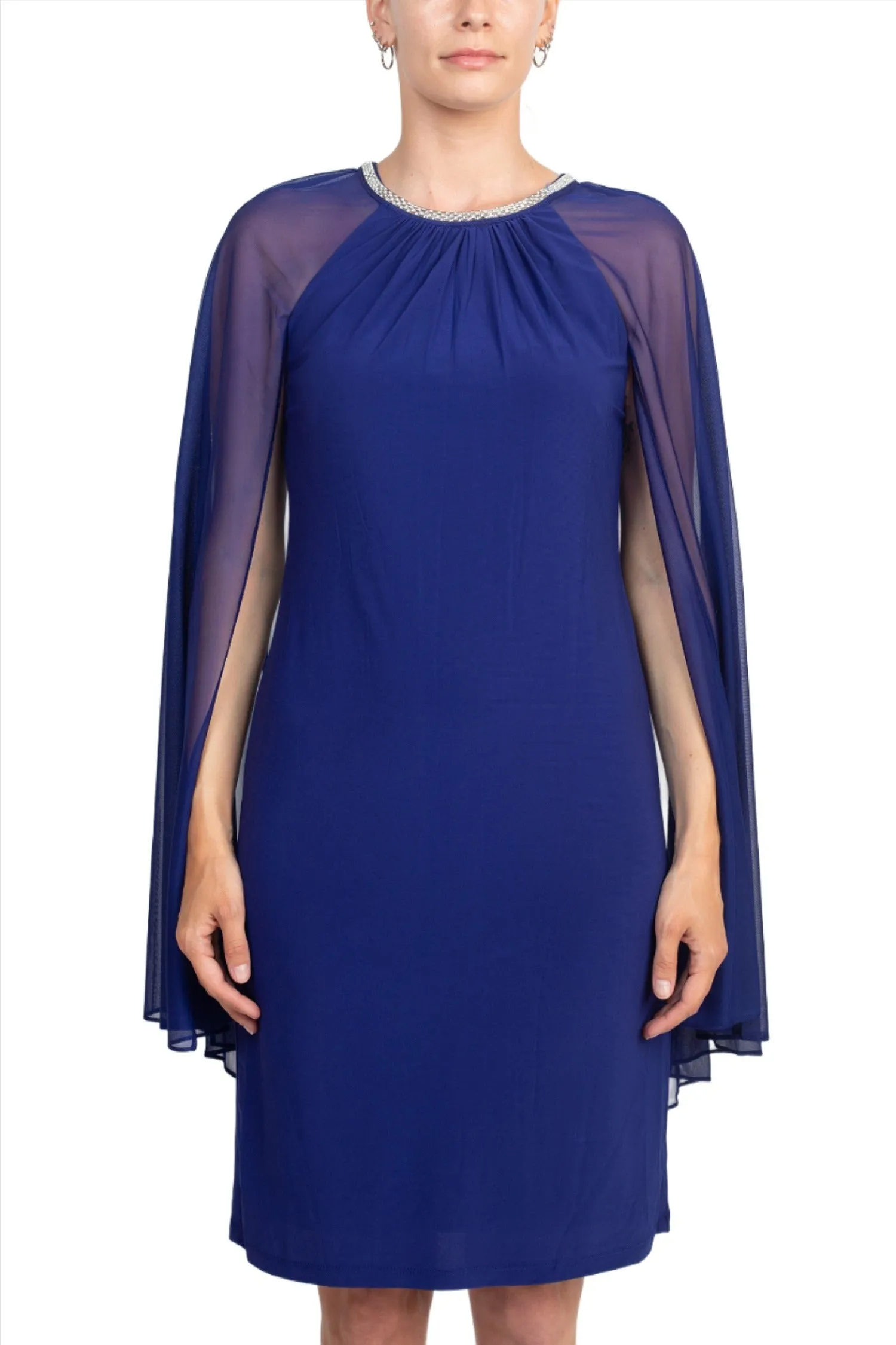 R&M Richards Embellished Crew Neck Cape Sleeve Zipper Back Solid Chiffon Dress