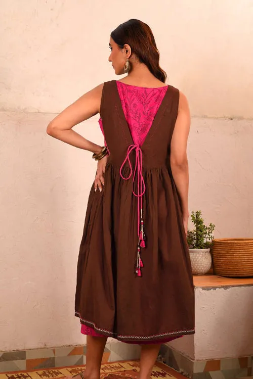 Rangsutra Saheli Double Layer Hand Embroidered Brown Mulmul Cotton Dress With Printed Pink Slip