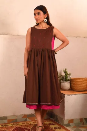 Rangsutra Saheli Double Layer Hand Embroidered Brown Mulmul Cotton Dress With Printed Pink Slip