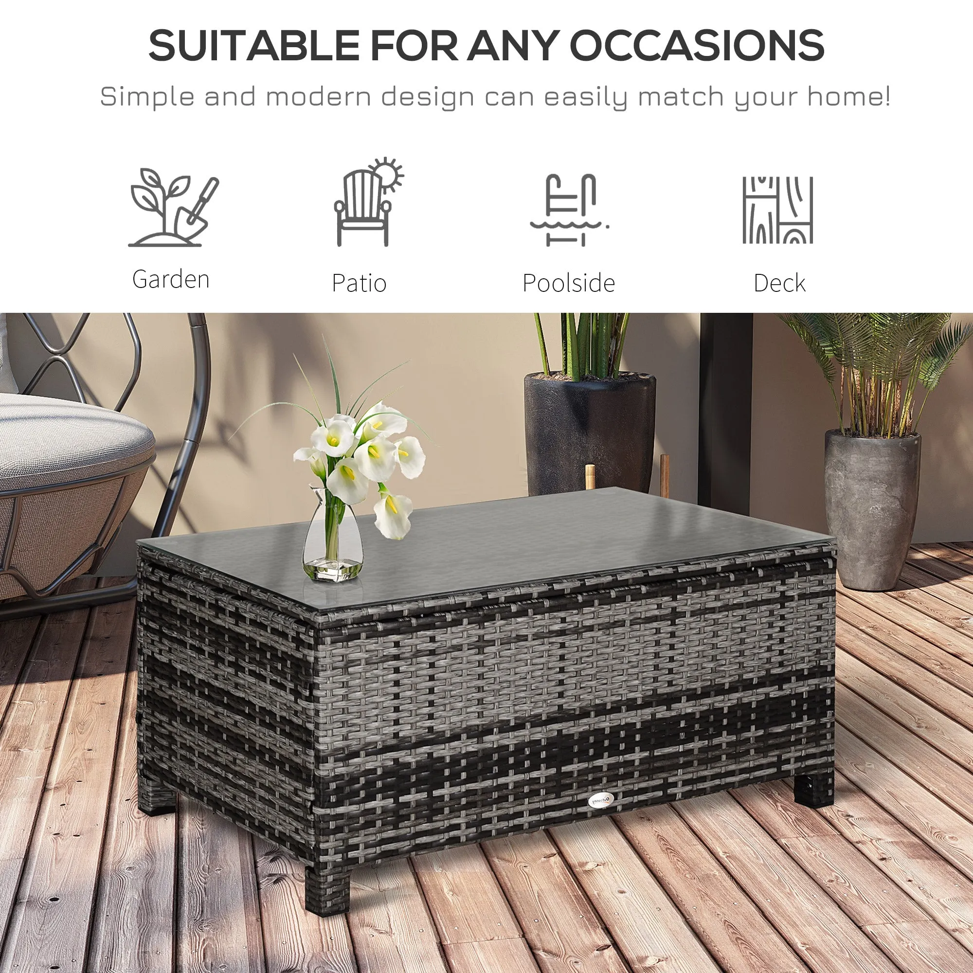 Rattan Coffee Table Garden Furniture Patio Wicker Side Table with Tempered Glass Table Top, Mixed Grey