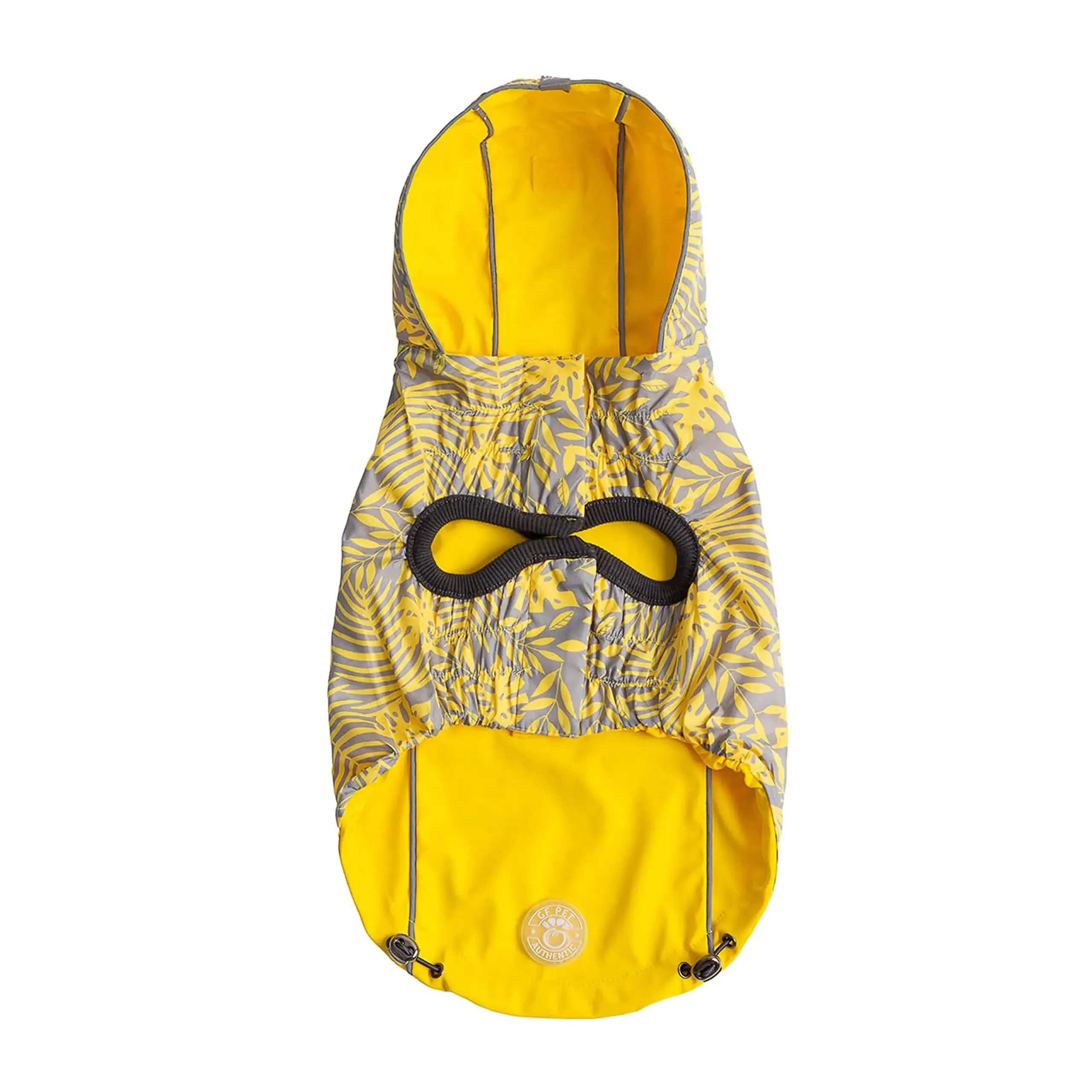 Reversible Dog Raincoat - Yellow / Leaves. Reflective Piping.