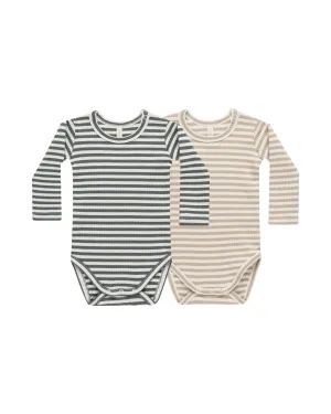 Ribbed Bodysuit, 2 Pack | Indigo Stripe, Latte Stripe