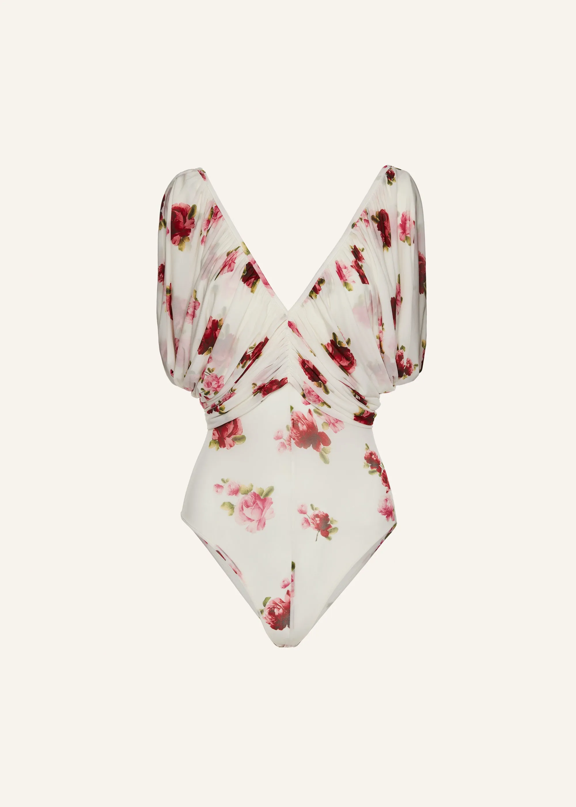 Ruched v neck bodysuit in cream print