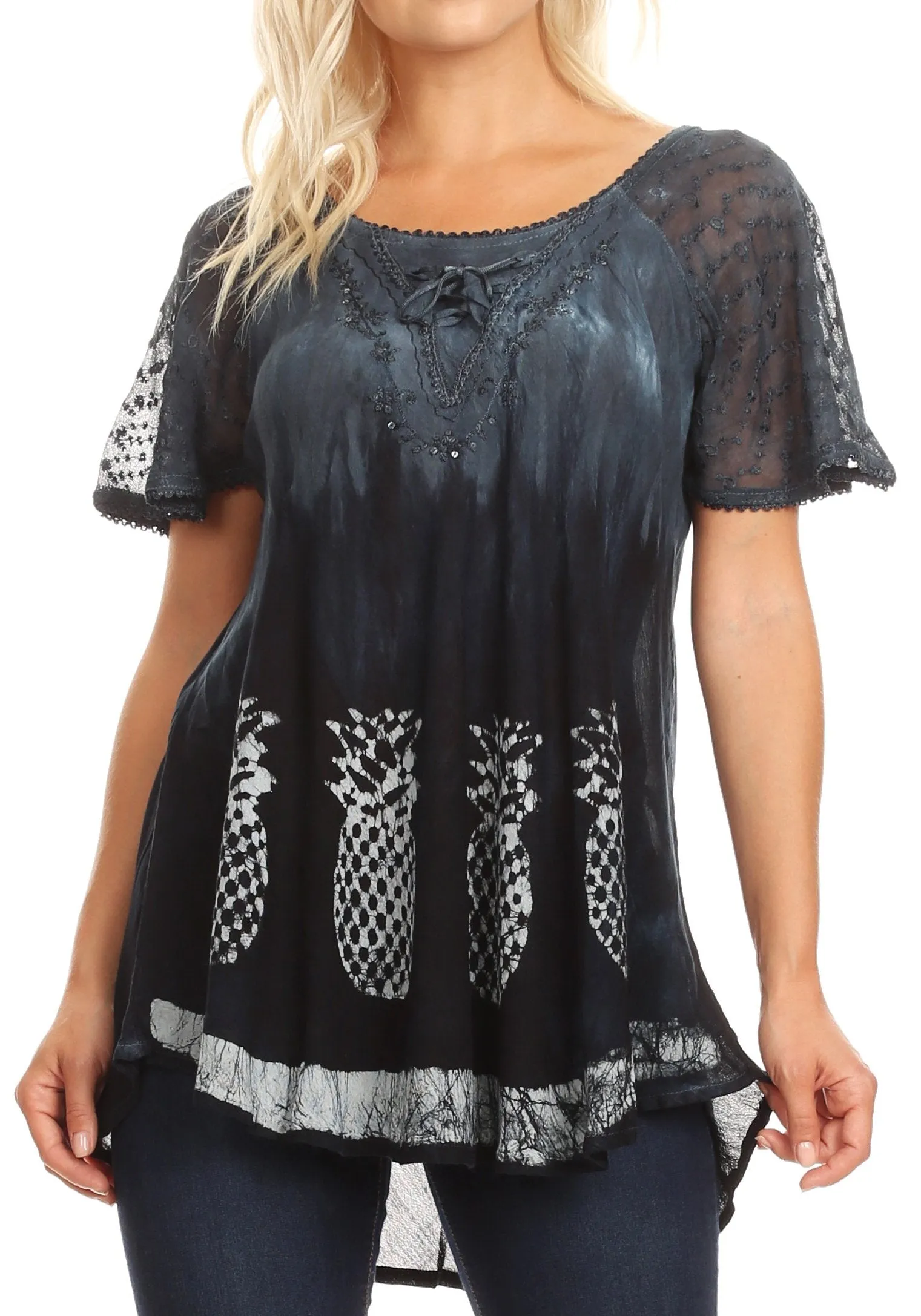 Sakkas Ivanna Womens Short Raglan Lace Sleeve Flowy Top Blouse Tie-dye & Batik