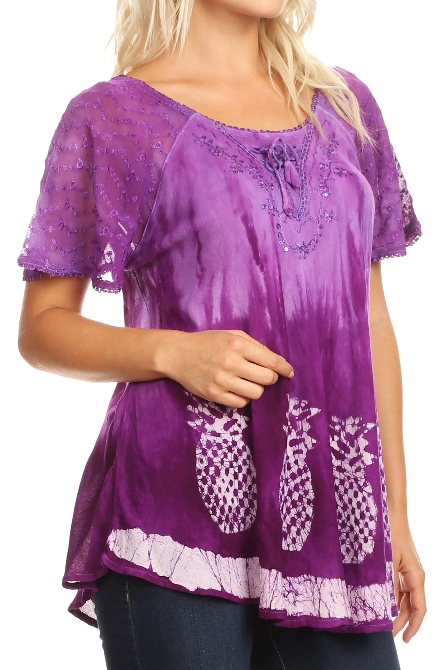 Sakkas Ivanna Womens Short Raglan Lace Sleeve Flowy Top Blouse Tie-dye & Batik