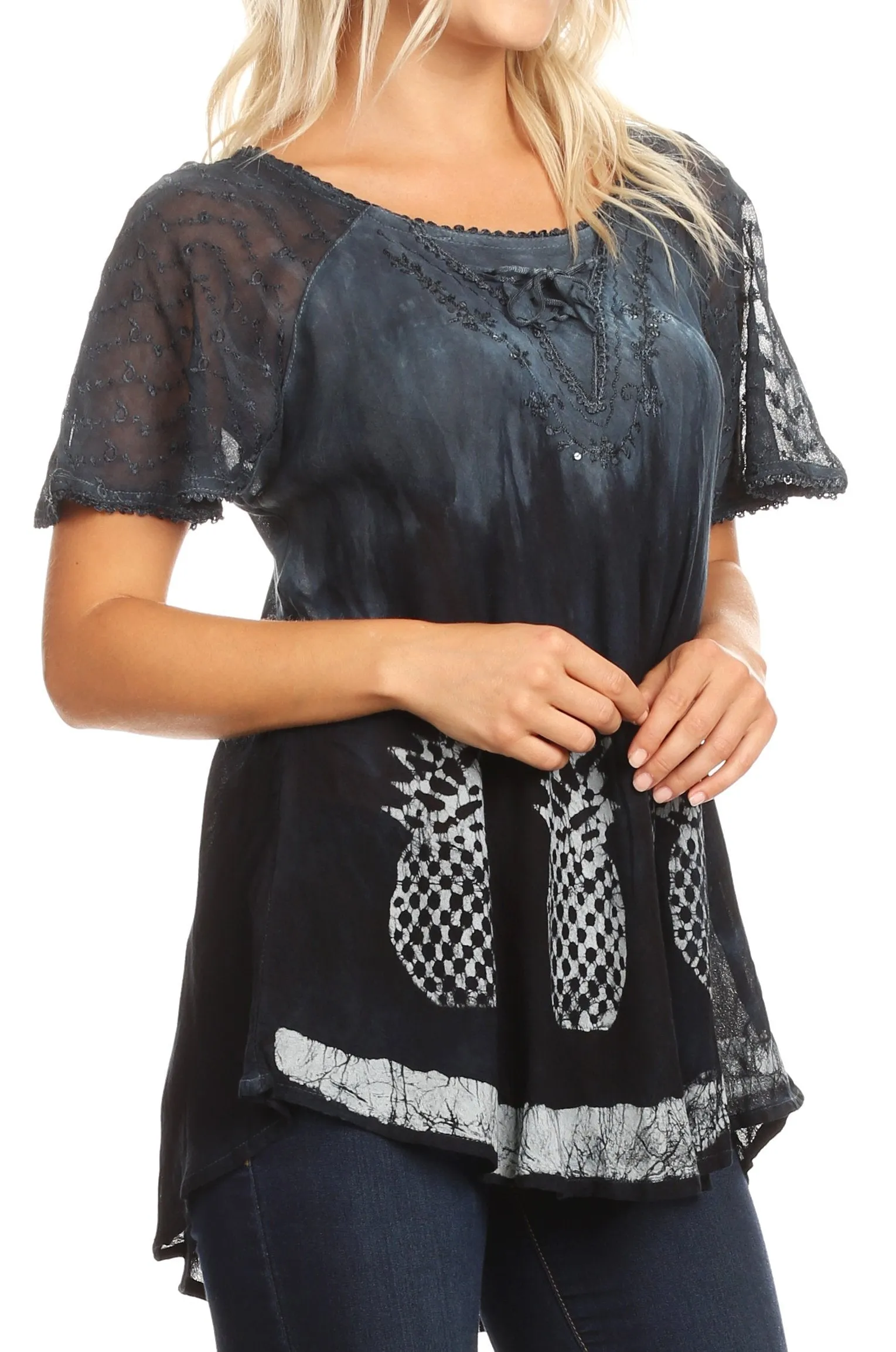 Sakkas Ivanna Womens Short Raglan Lace Sleeve Flowy Top Blouse Tie-dye & Batik