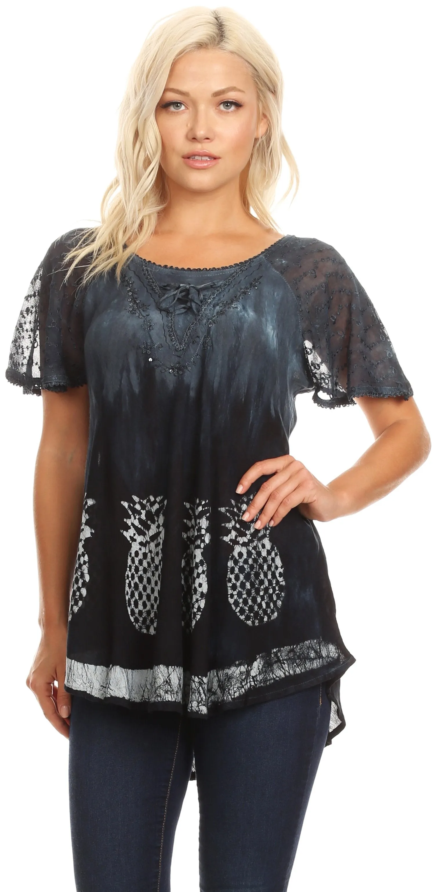 Sakkas Ivanna Womens Short Raglan Lace Sleeve Flowy Top Blouse Tie-dye & Batik