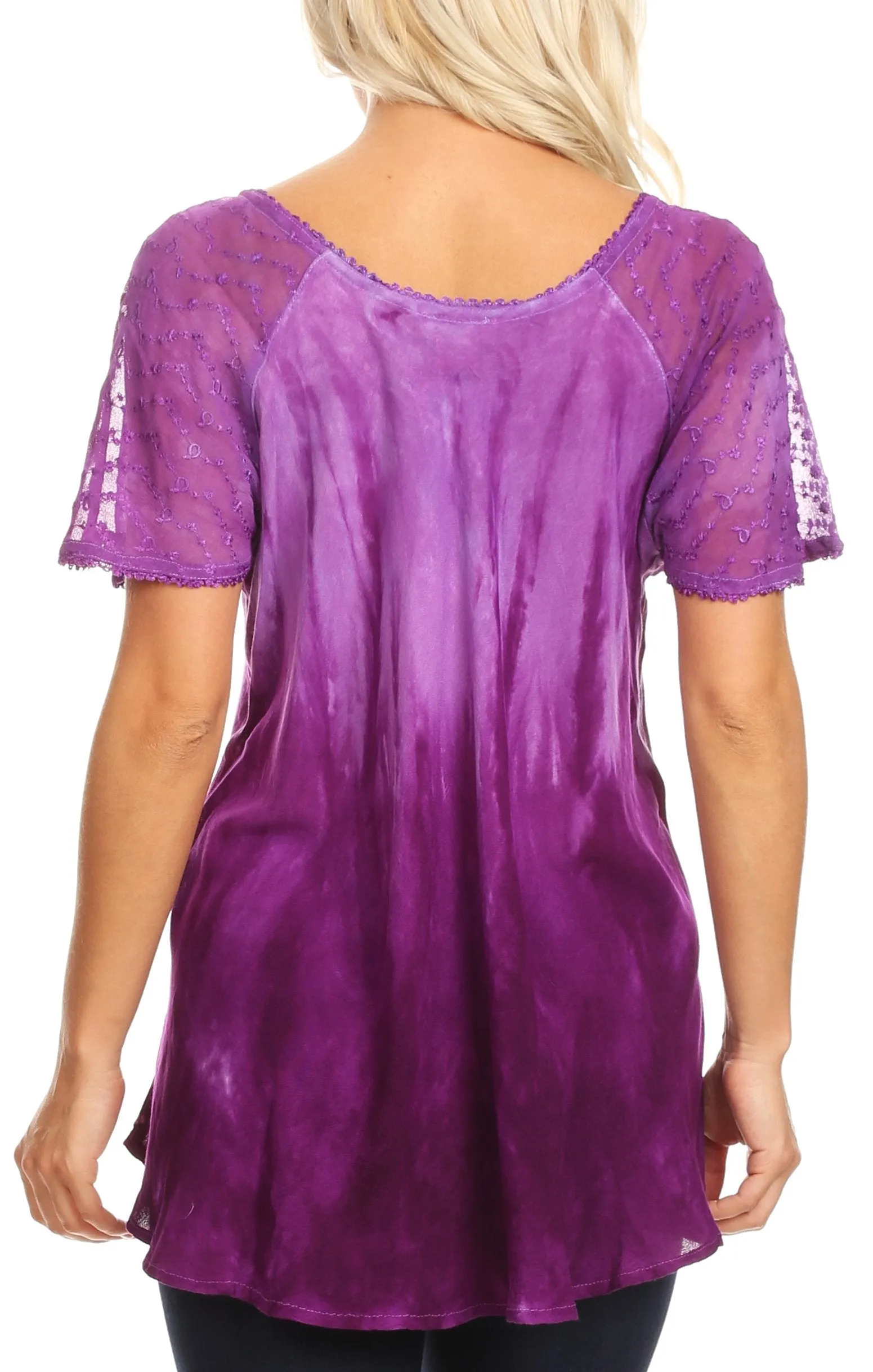 Sakkas Ivanna Womens Short Raglan Lace Sleeve Flowy Top Blouse Tie-dye & Batik