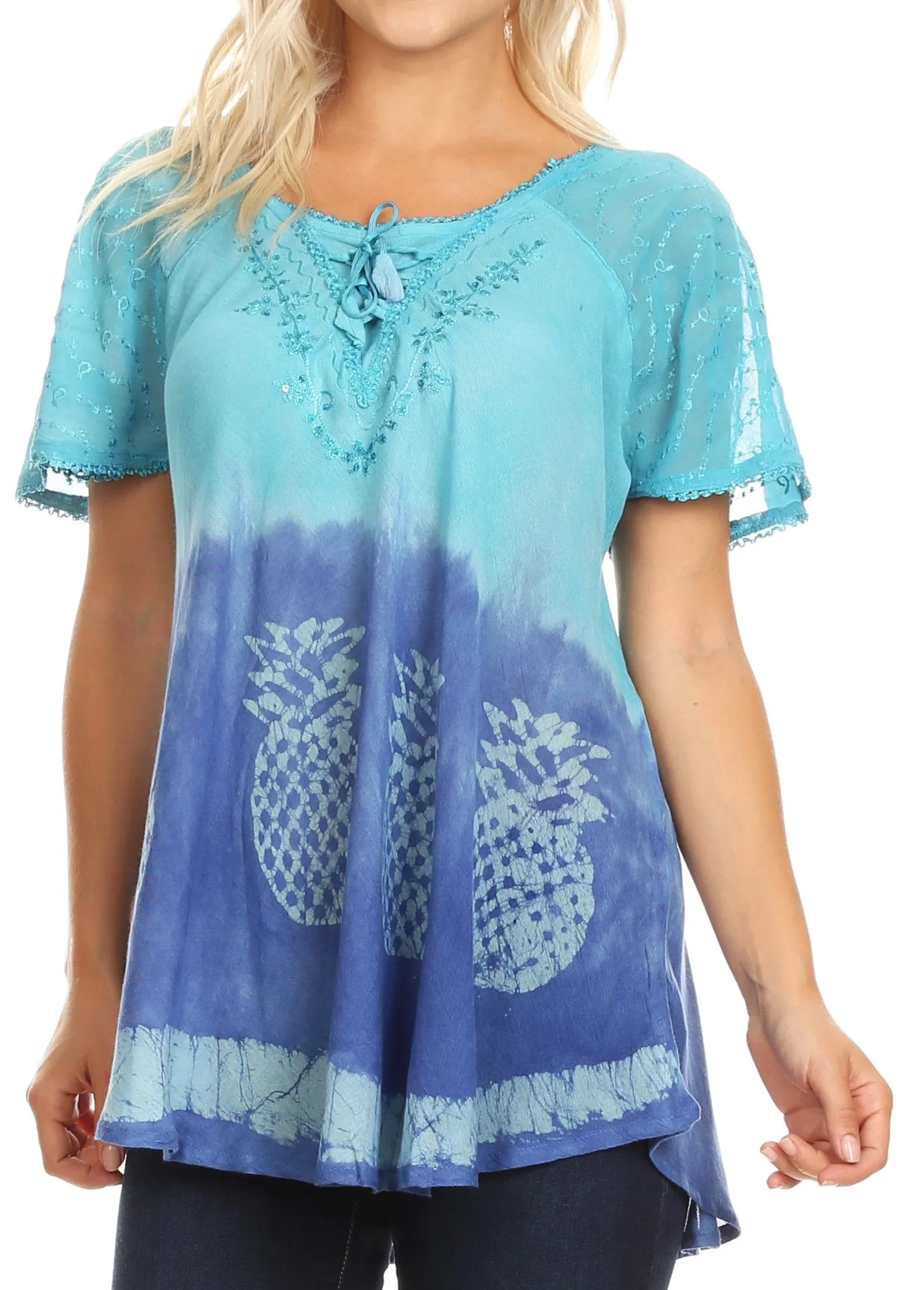 Sakkas Ivanna Womens Short Raglan Lace Sleeve Flowy Top Blouse Tie-dye & Batik