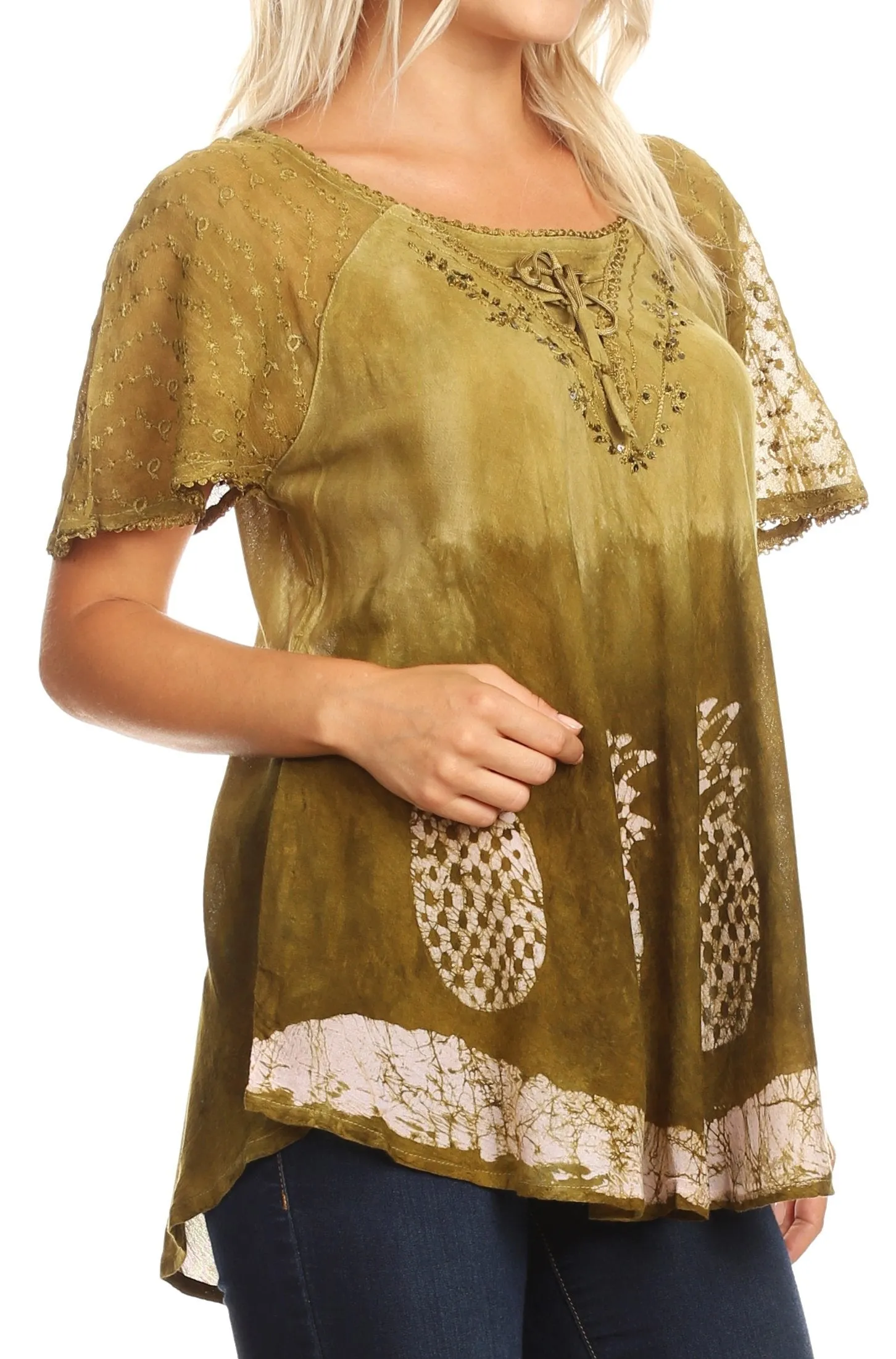 Sakkas Ivanna Womens Short Raglan Lace Sleeve Flowy Top Blouse Tie-dye & Batik