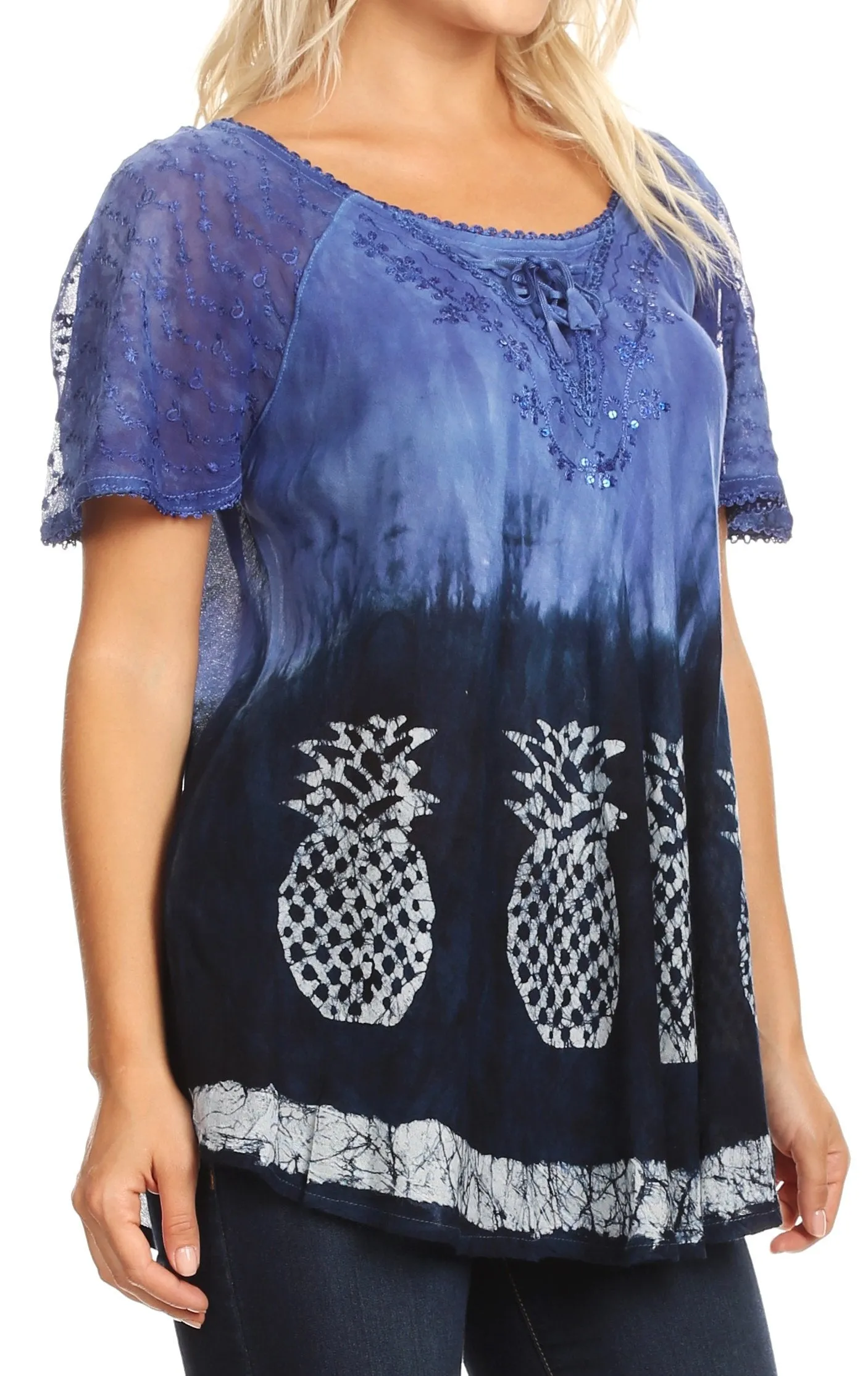 Sakkas Ivanna Womens Short Raglan Lace Sleeve Flowy Top Blouse Tie-dye & Batik