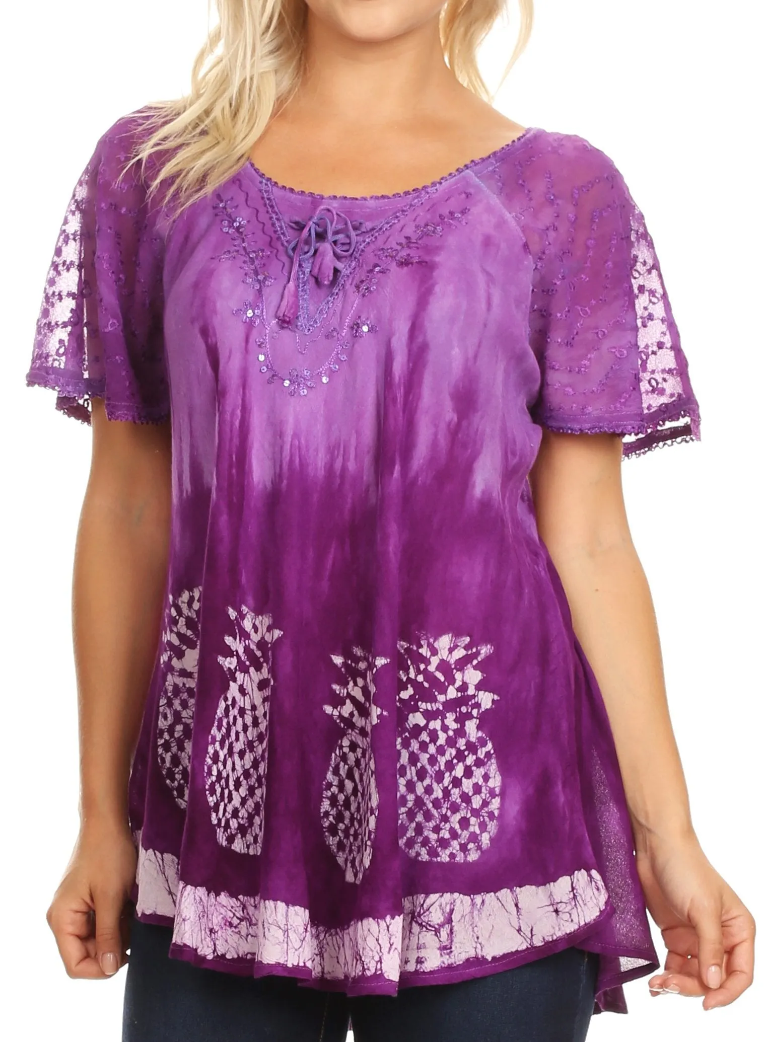 Sakkas Ivanna Womens Short Raglan Lace Sleeve Flowy Top Blouse Tie-dye & Batik