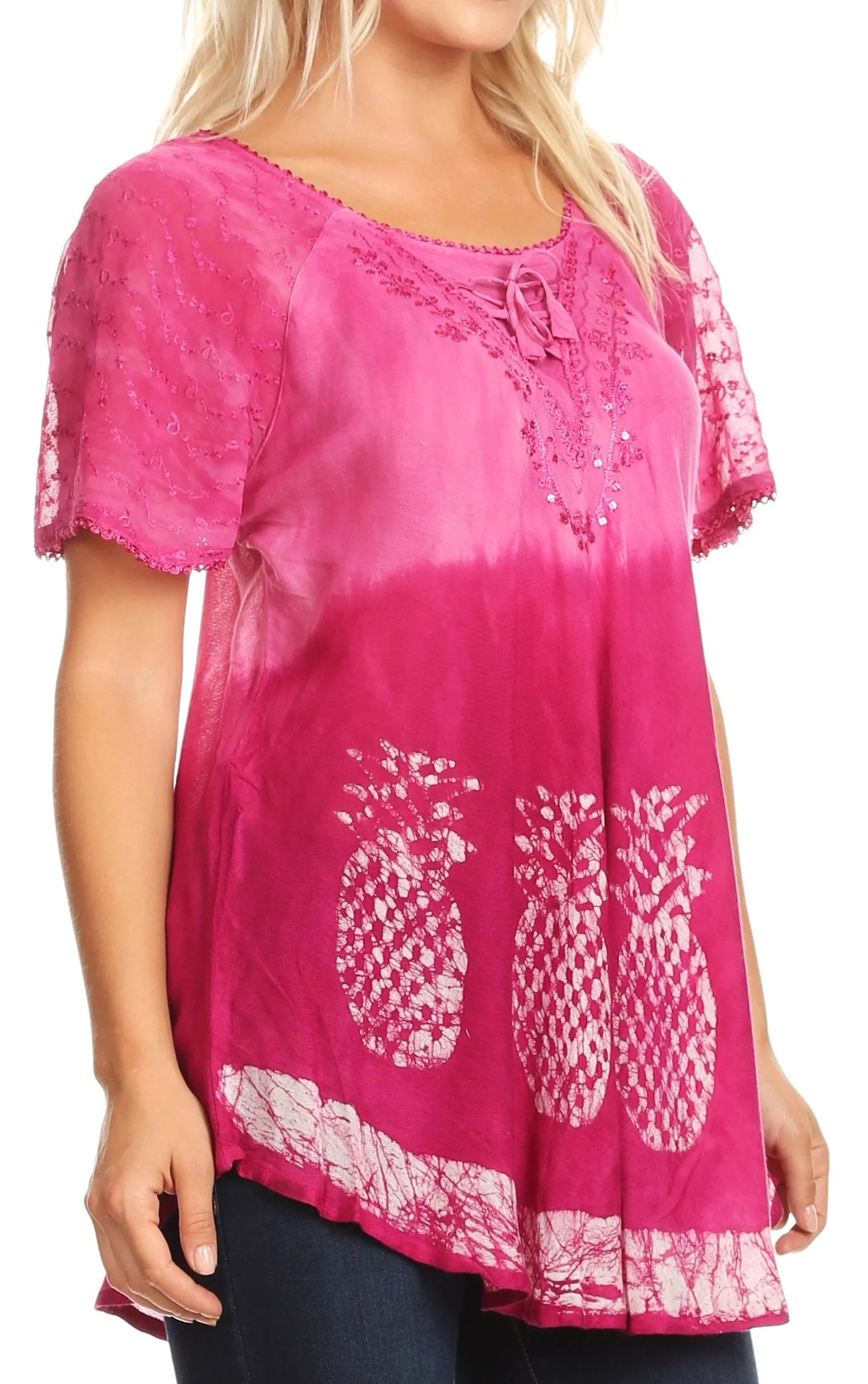 Sakkas Ivanna Womens Short Raglan Lace Sleeve Flowy Top Blouse Tie-dye & Batik