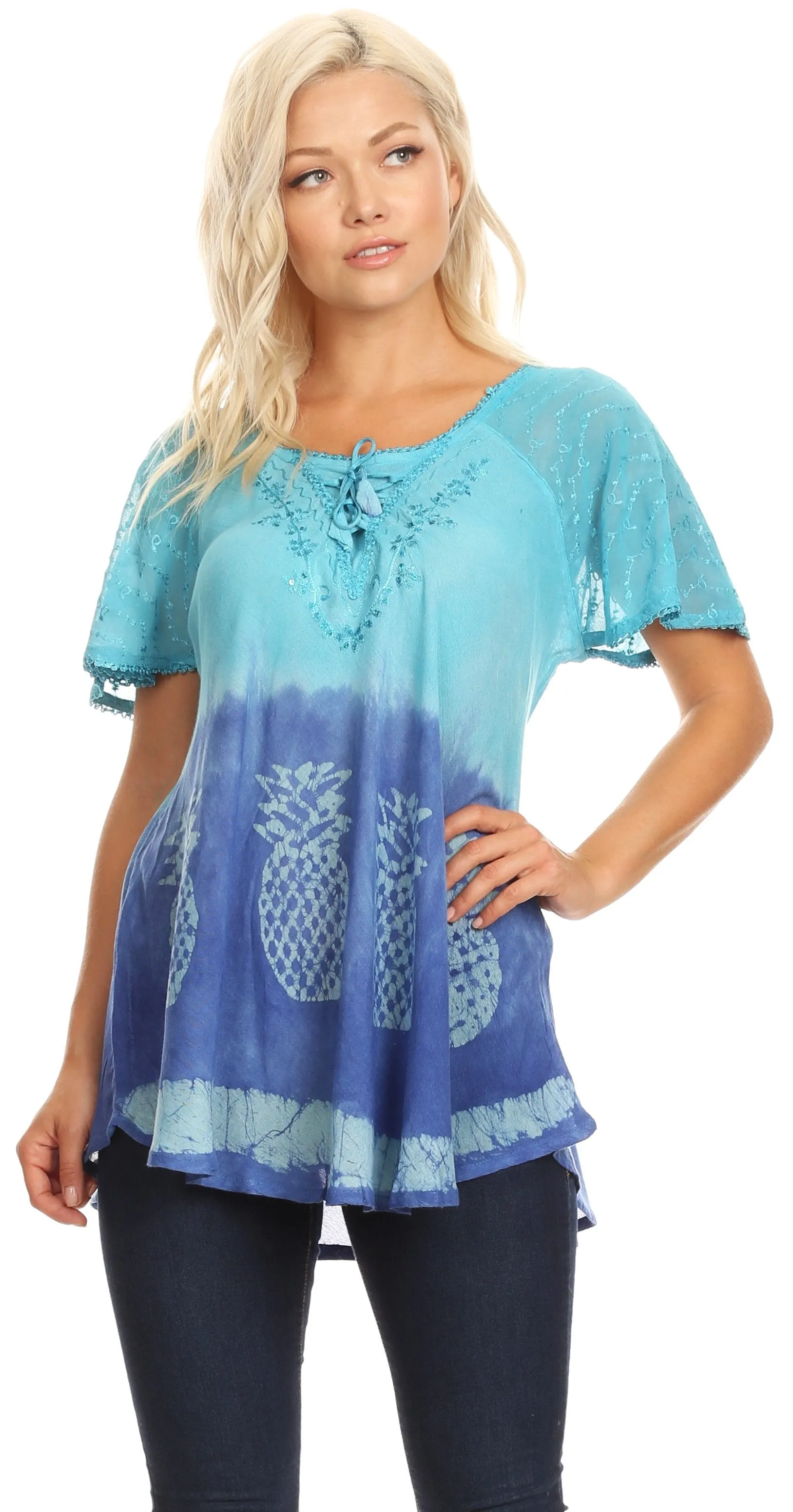 Sakkas Ivanna Womens Short Raglan Lace Sleeve Flowy Top Blouse Tie-dye & Batik