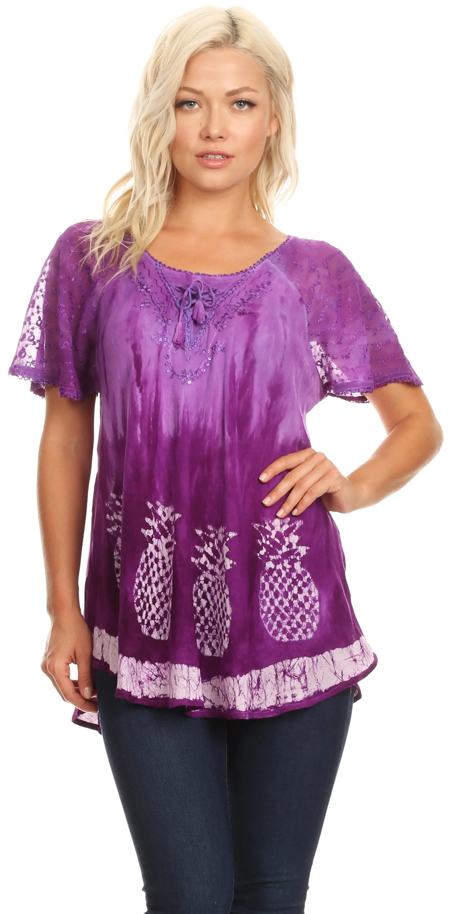 Sakkas Ivanna Womens Short Raglan Lace Sleeve Flowy Top Blouse Tie-dye & Batik