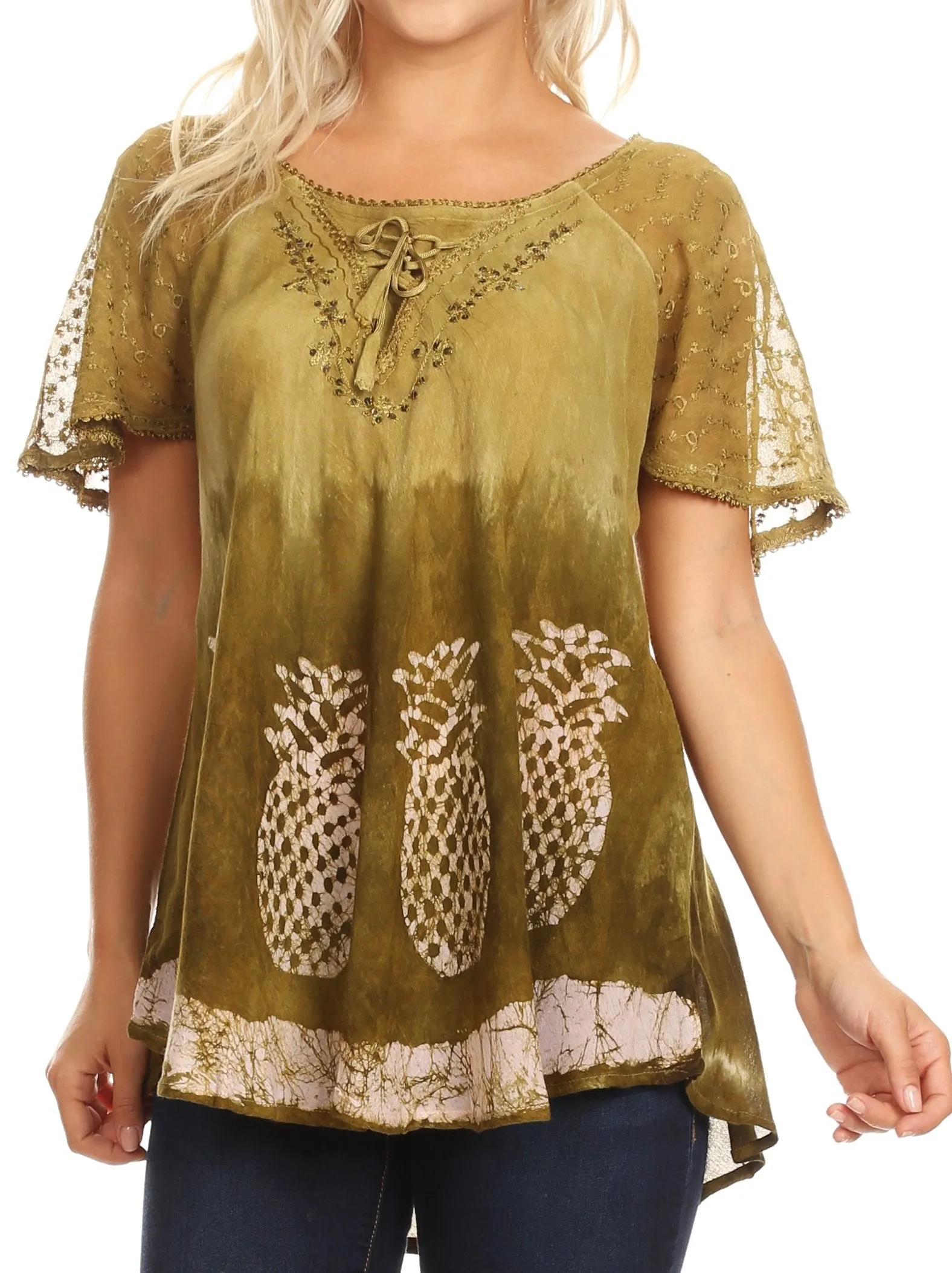 Sakkas Ivanna Womens Short Raglan Lace Sleeve Flowy Top Blouse Tie-dye & Batik