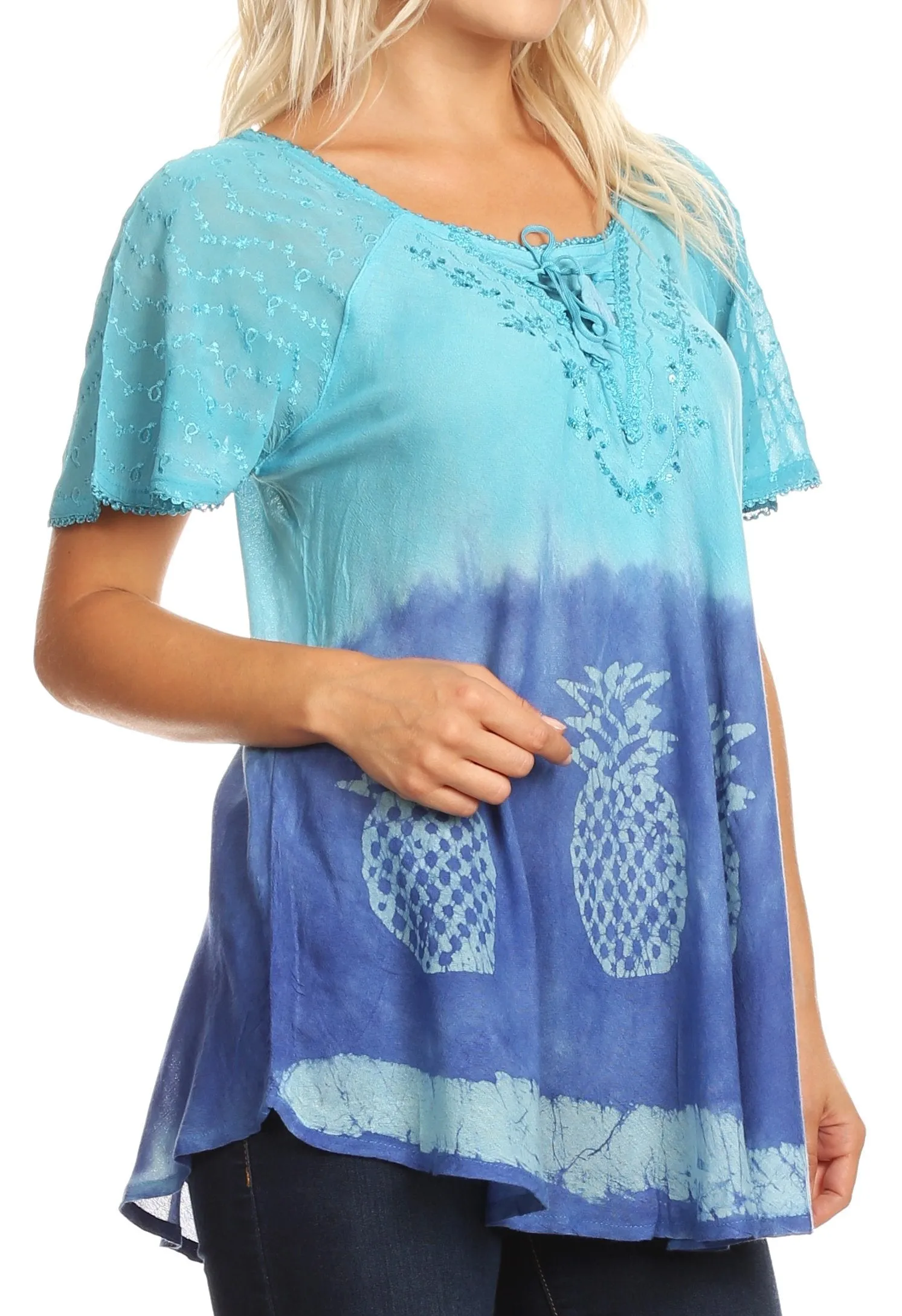 Sakkas Ivanna Womens Short Raglan Lace Sleeve Flowy Top Blouse Tie-dye & Batik