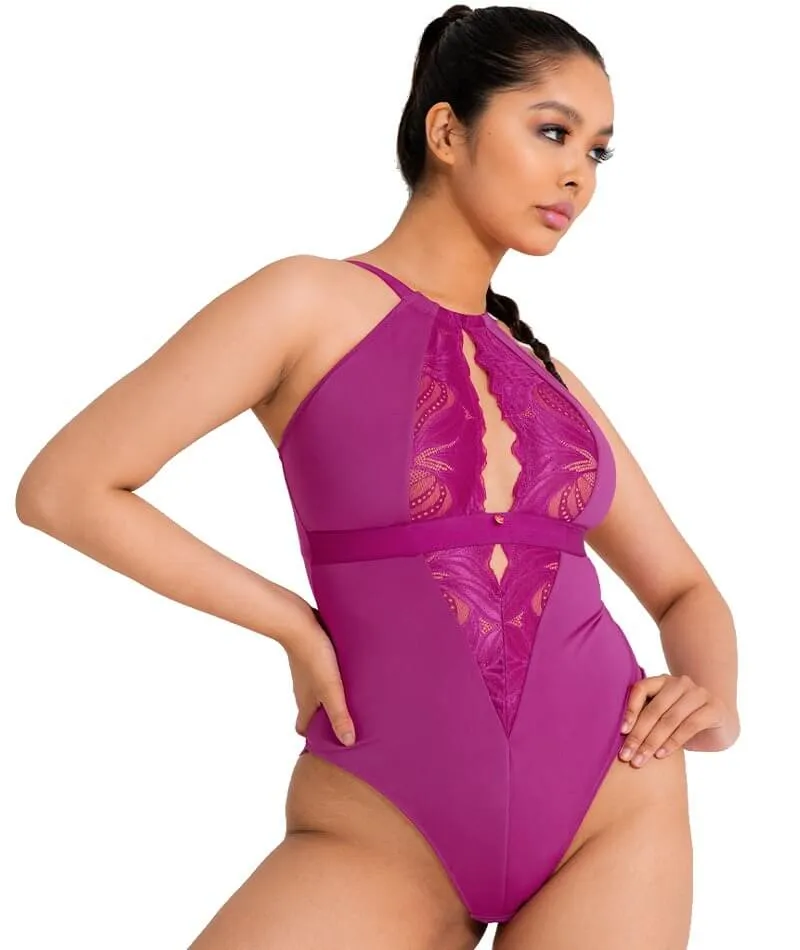 Scantilly Indulgence Stretch Lace Bodysuit - Orchid/Latte