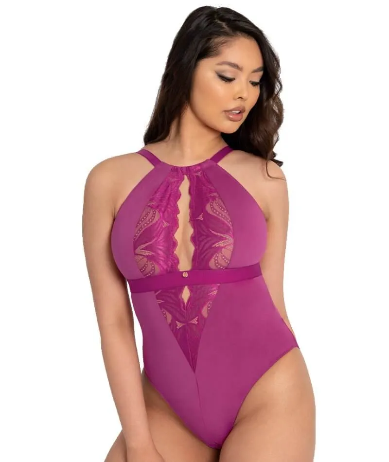 Scantilly Indulgence Stretch Lace Bodysuit - Orchid/Latte