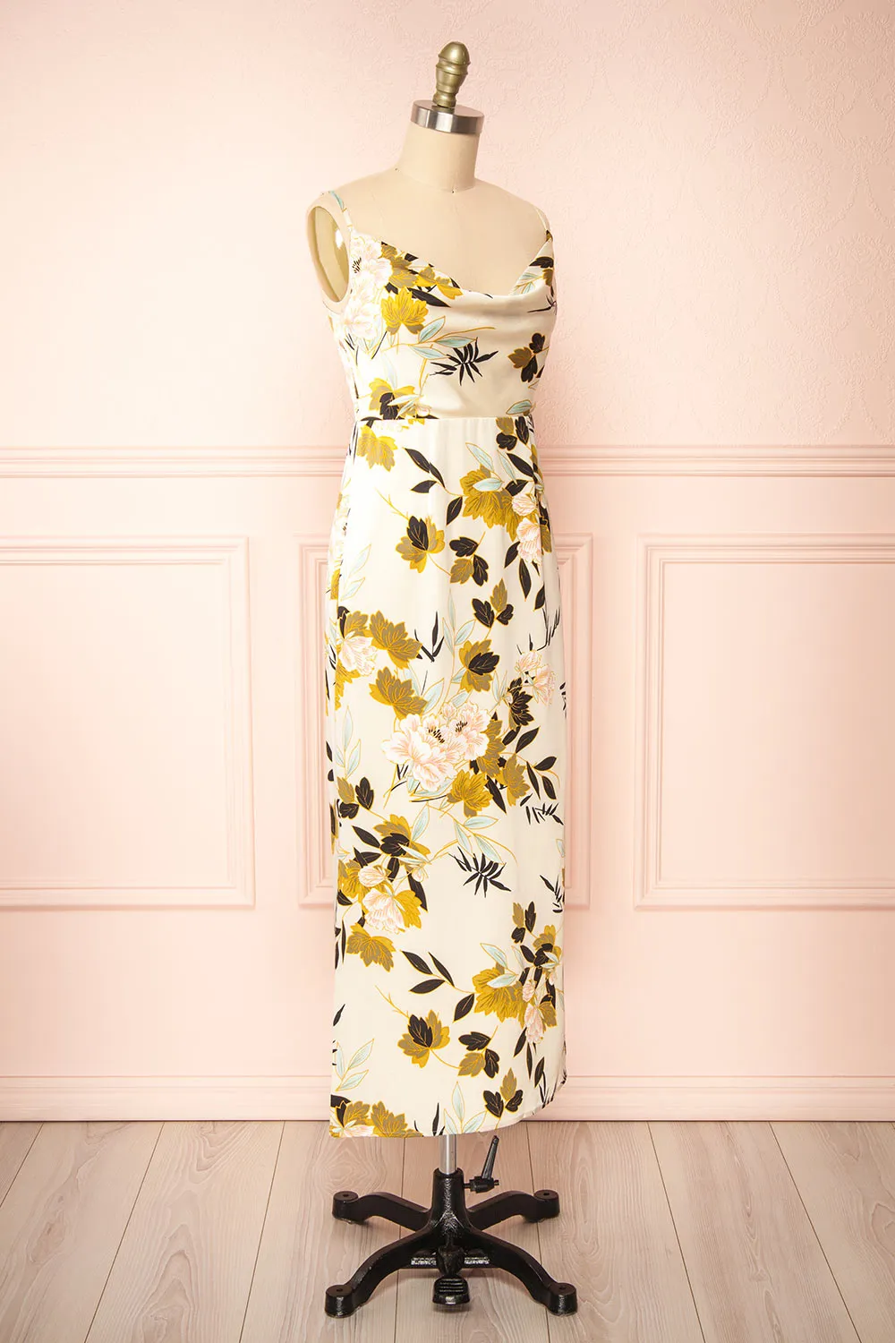 Selvi | Ivory Floral Cowl Neck Midi Dress